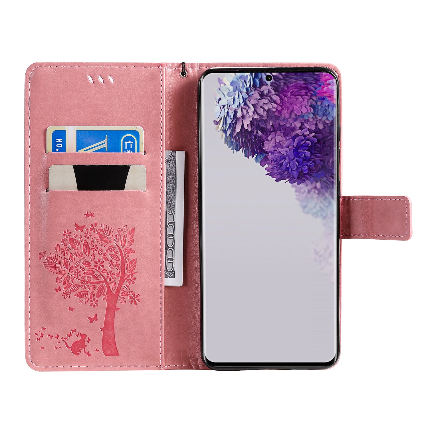 All-Inclusive KT Imprinting Flower Series-3 Cat and Tree Imprinting Wallet Stand Design Leather Cover + TPU Inner Phone Case for Samsung Galaxy S20 Ultra - Pink