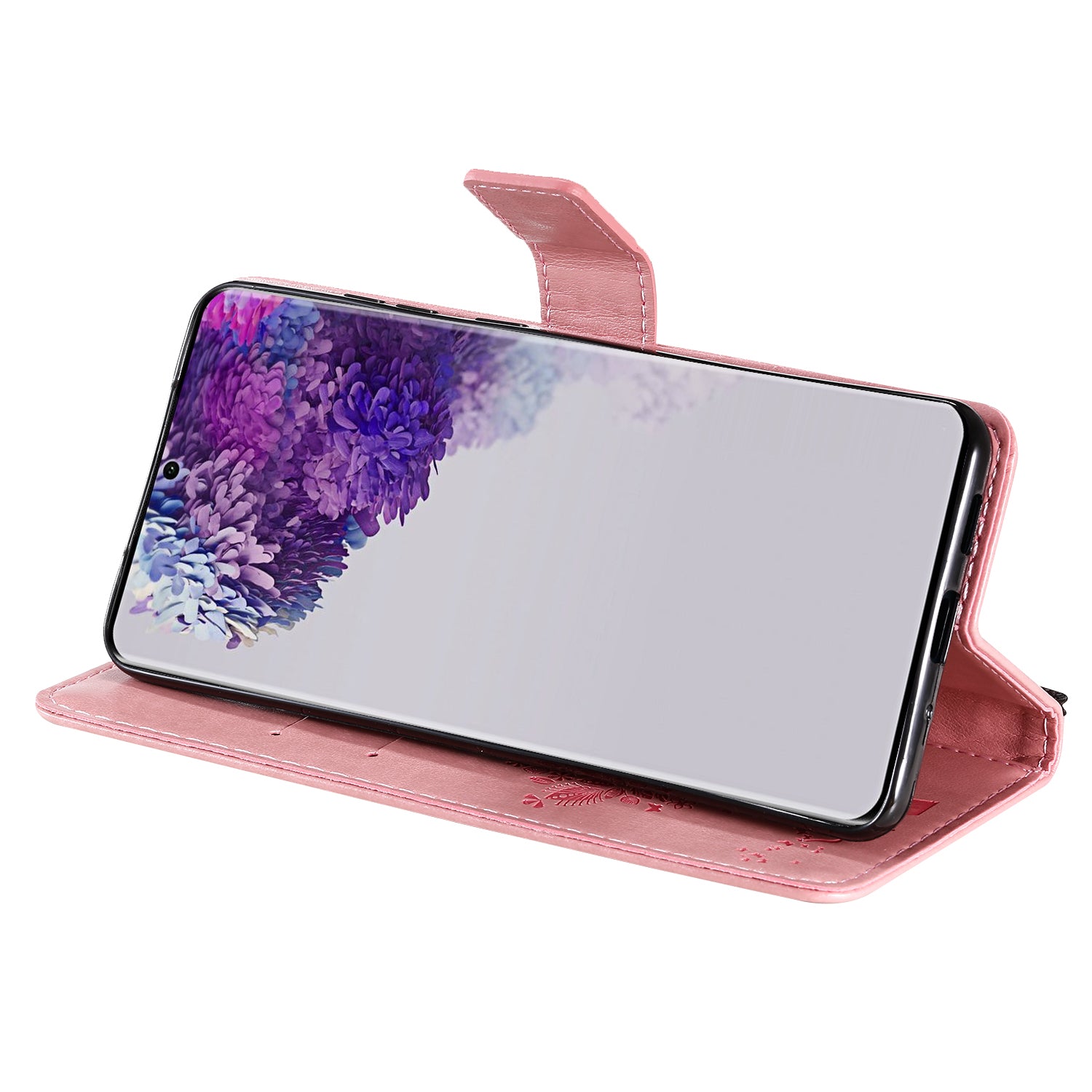 All-Inclusive KT Imprinting Flower Series-3 Cat and Tree Imprinting Wallet Stand Design Leather Cover + TPU Inner Phone Case for Samsung Galaxy S20 Ultra - Pink