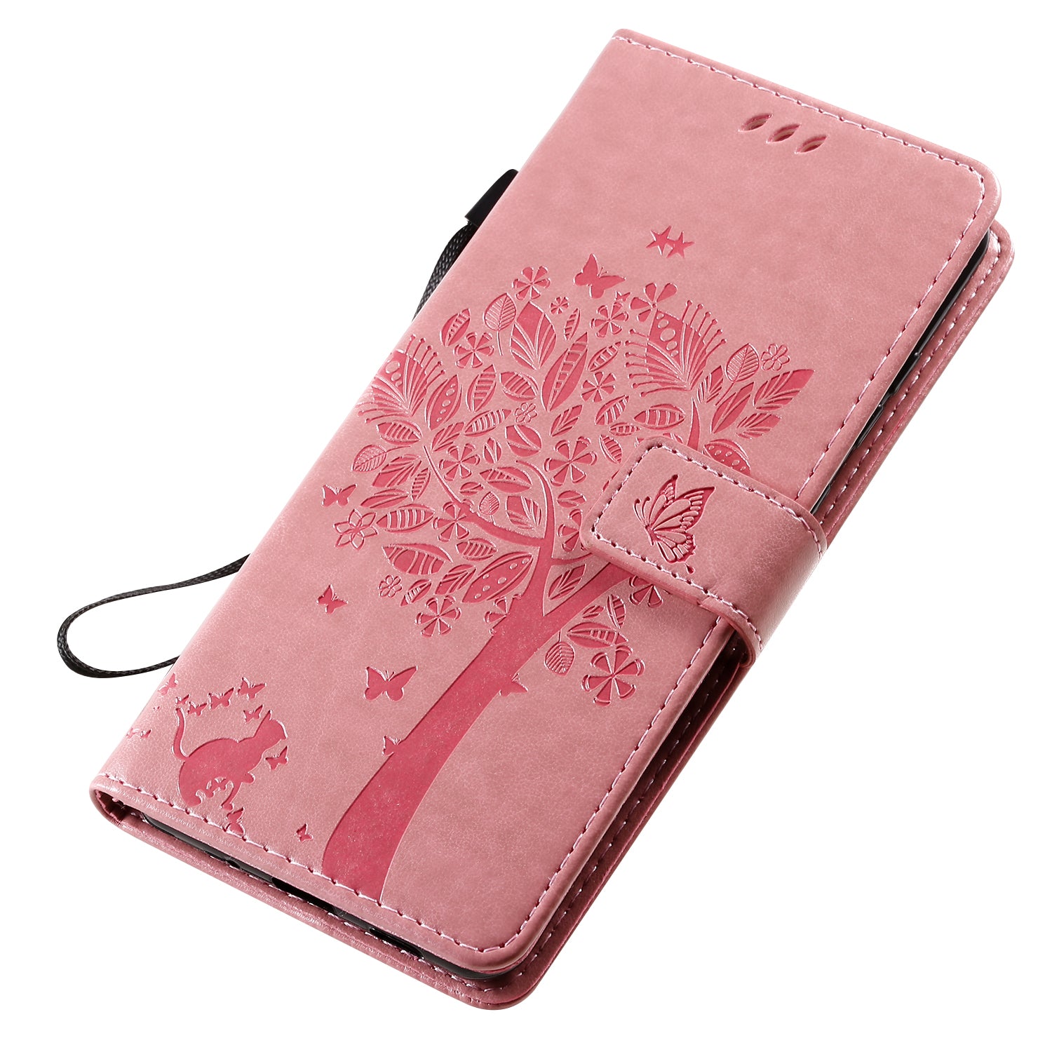 All-Inclusive KT Imprinting Flower Series-3 Cat and Tree Imprinting Wallet Stand Design Leather Cover + TPU Inner Phone Case for Samsung Galaxy S20 Ultra - Pink