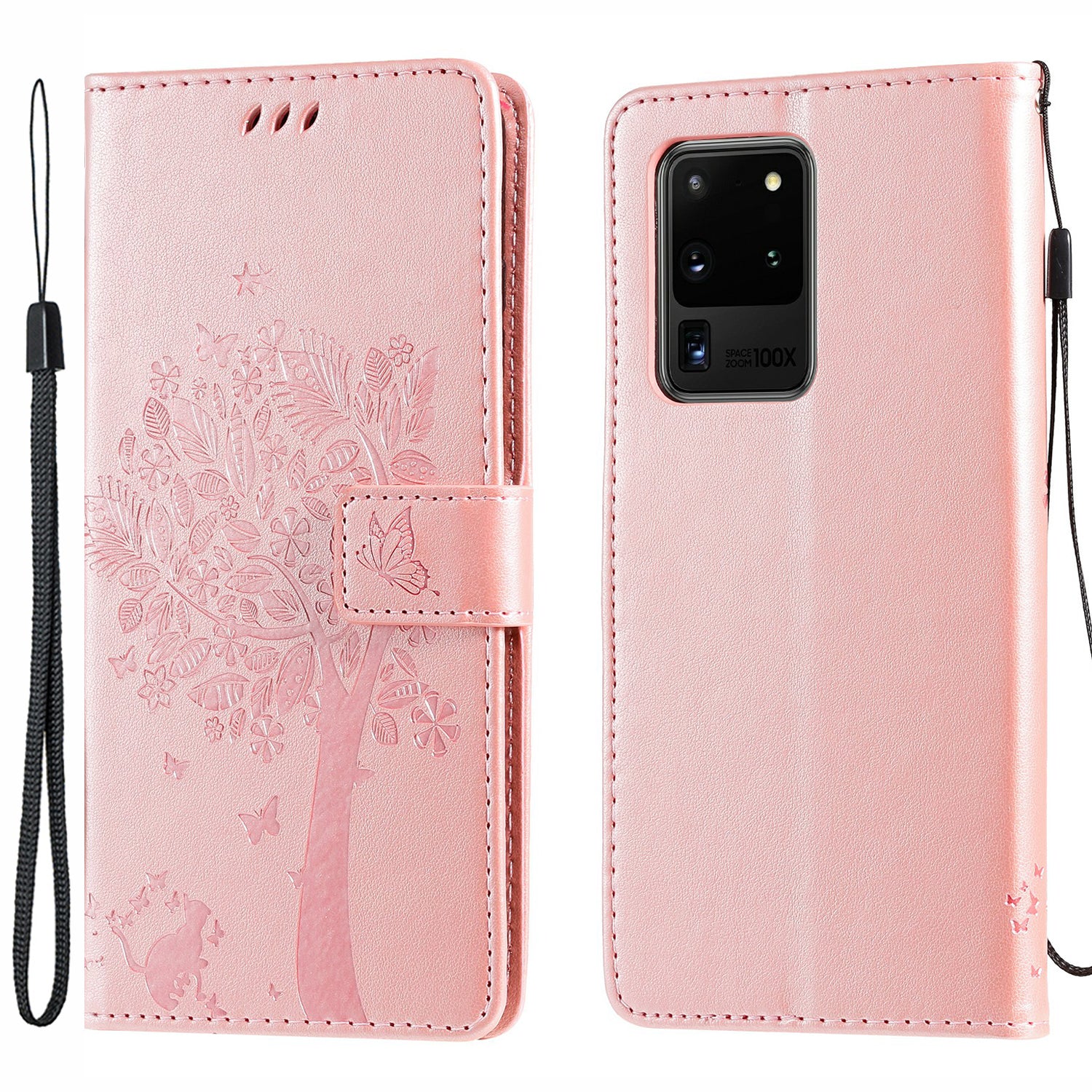 All-Inclusive KT Imprinting Flower Series-3 Cat and Tree Imprinting Wallet Stand Design Leather Cover + TPU Inner Phone Case for Samsung Galaxy S20 Ultra - Rose Gold