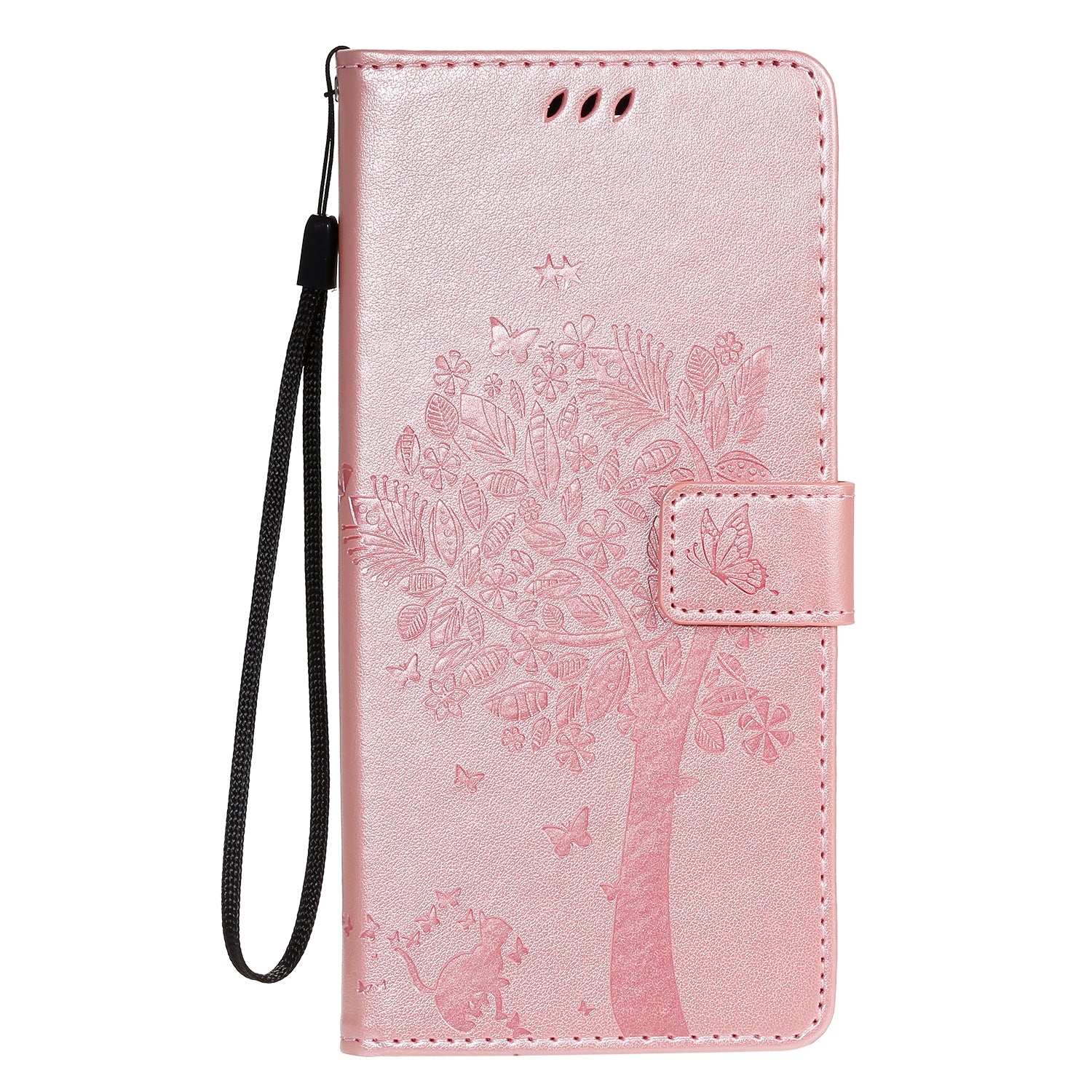 All-Inclusive KT Imprinting Flower Series-3 Cat and Tree Imprinting Wallet Stand Design Leather Cover + TPU Inner Phone Case for Samsung Galaxy S20 Ultra - Rose Gold