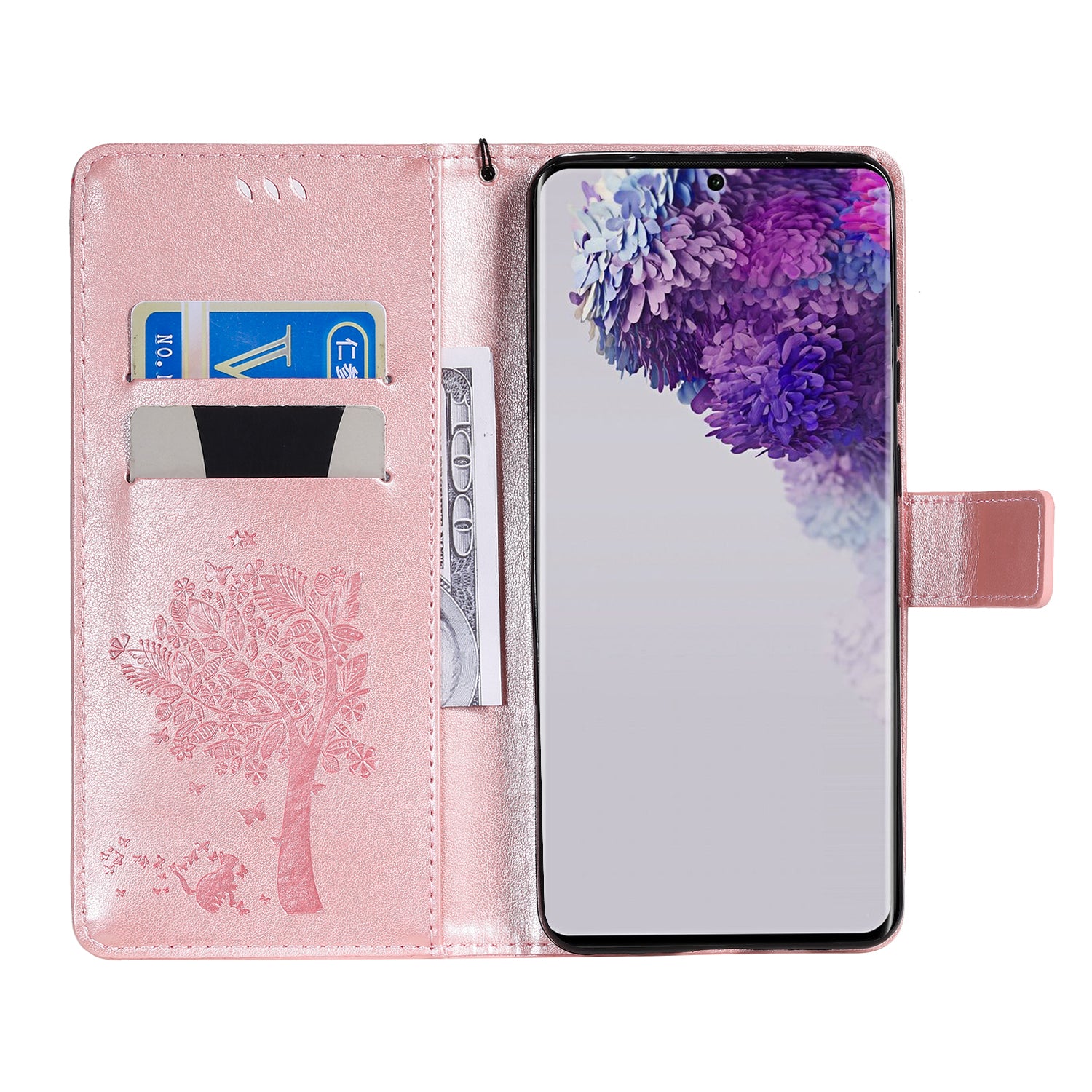 All-Inclusive KT Imprinting Flower Series-3 Cat and Tree Imprinting Wallet Stand Design Leather Cover + TPU Inner Phone Case for Samsung Galaxy S20 Ultra - Rose Gold