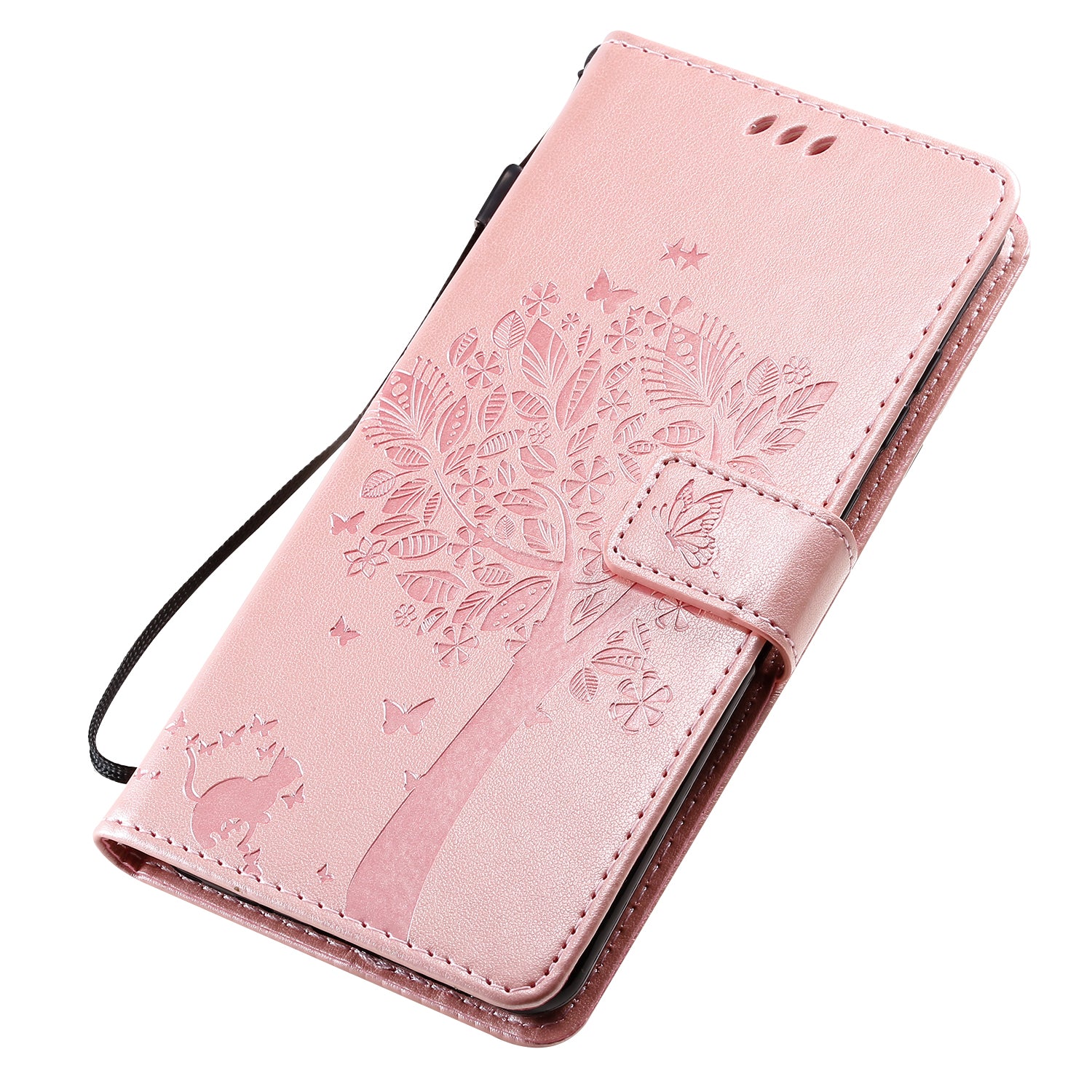 All-Inclusive KT Imprinting Flower Series-3 Cat and Tree Imprinting Wallet Stand Design Leather Cover + TPU Inner Phone Case for Samsung Galaxy S20 Ultra - Rose Gold