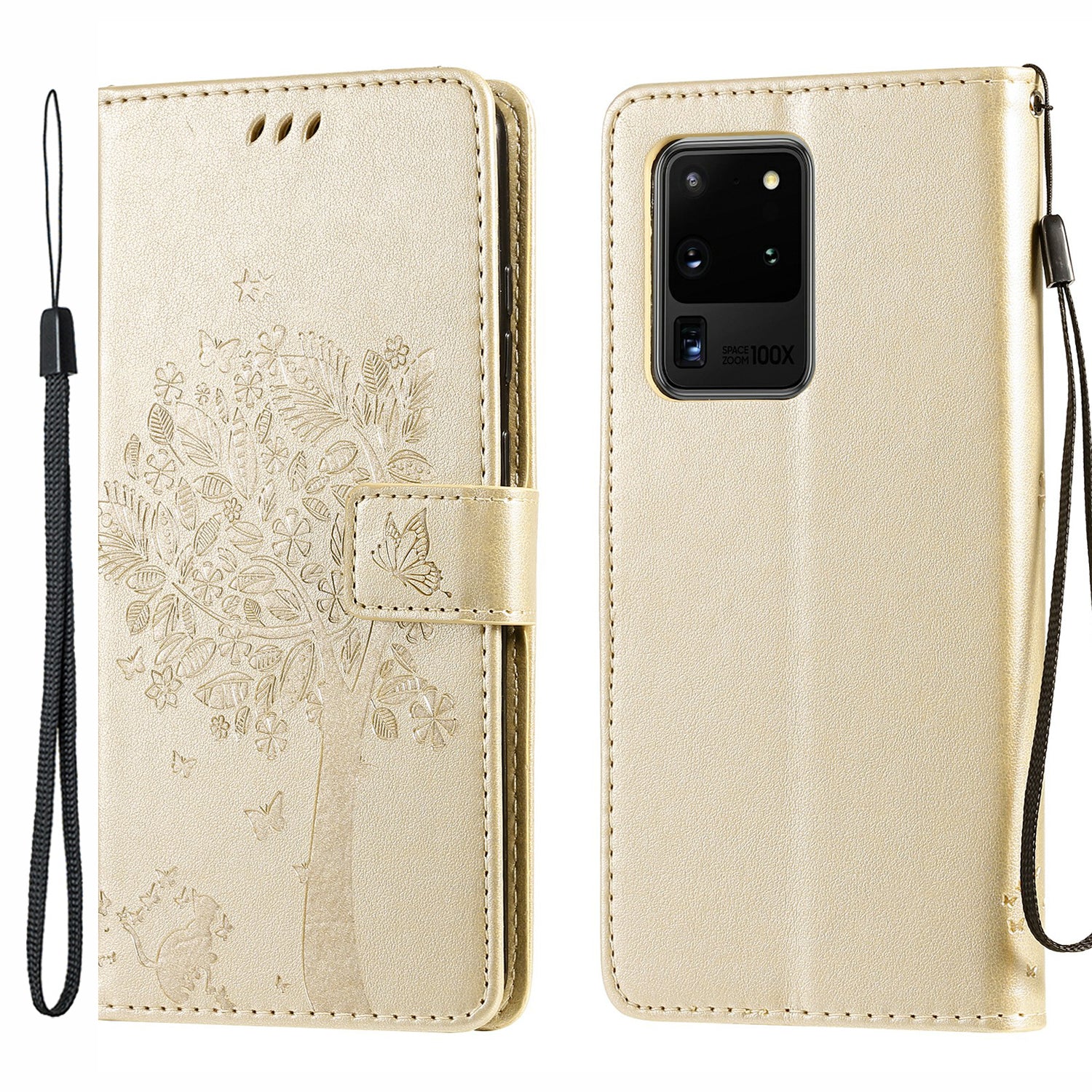 All-Inclusive KT Imprinting Flower Series-3 Cat and Tree Imprinting Wallet Stand Design Leather Cover + TPU Inner Phone Case for Samsung Galaxy S20 Ultra - Gold