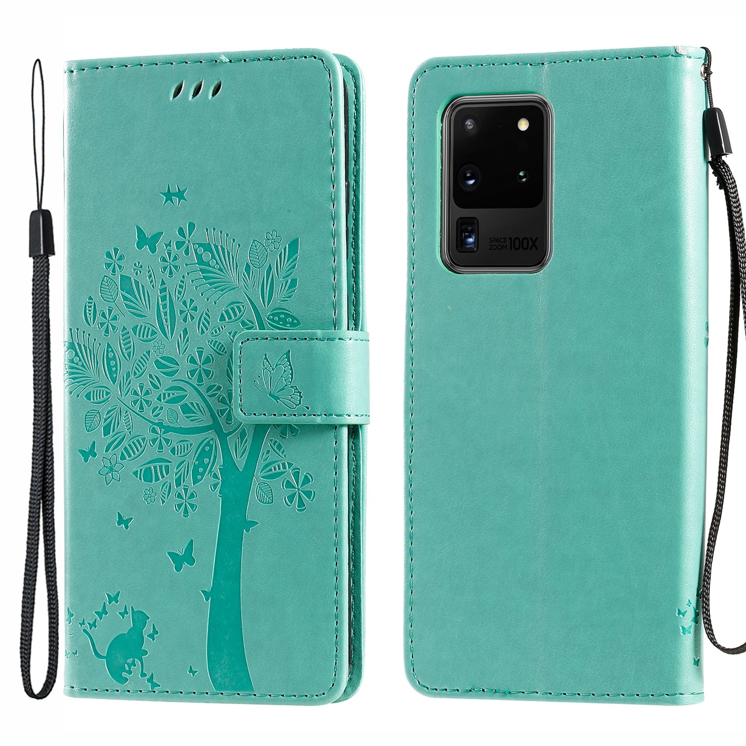 All-Inclusive KT Imprinting Flower Series-3 Cat and Tree Imprinting Wallet Stand Design Leather Cover + TPU Inner Phone Case for Samsung Galaxy S20 Ultra - Green