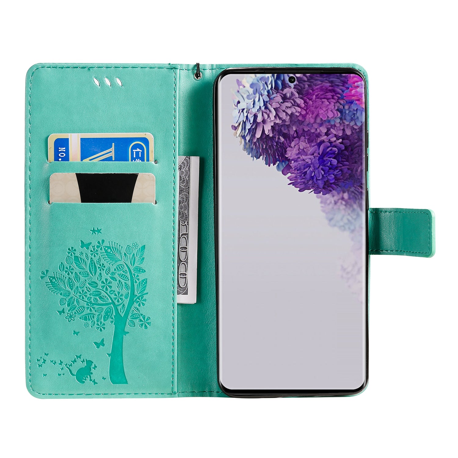 All-Inclusive KT Imprinting Flower Series-3 Cat and Tree Imprinting Wallet Stand Design Leather Cover + TPU Inner Phone Case for Samsung Galaxy S20 Ultra - Green