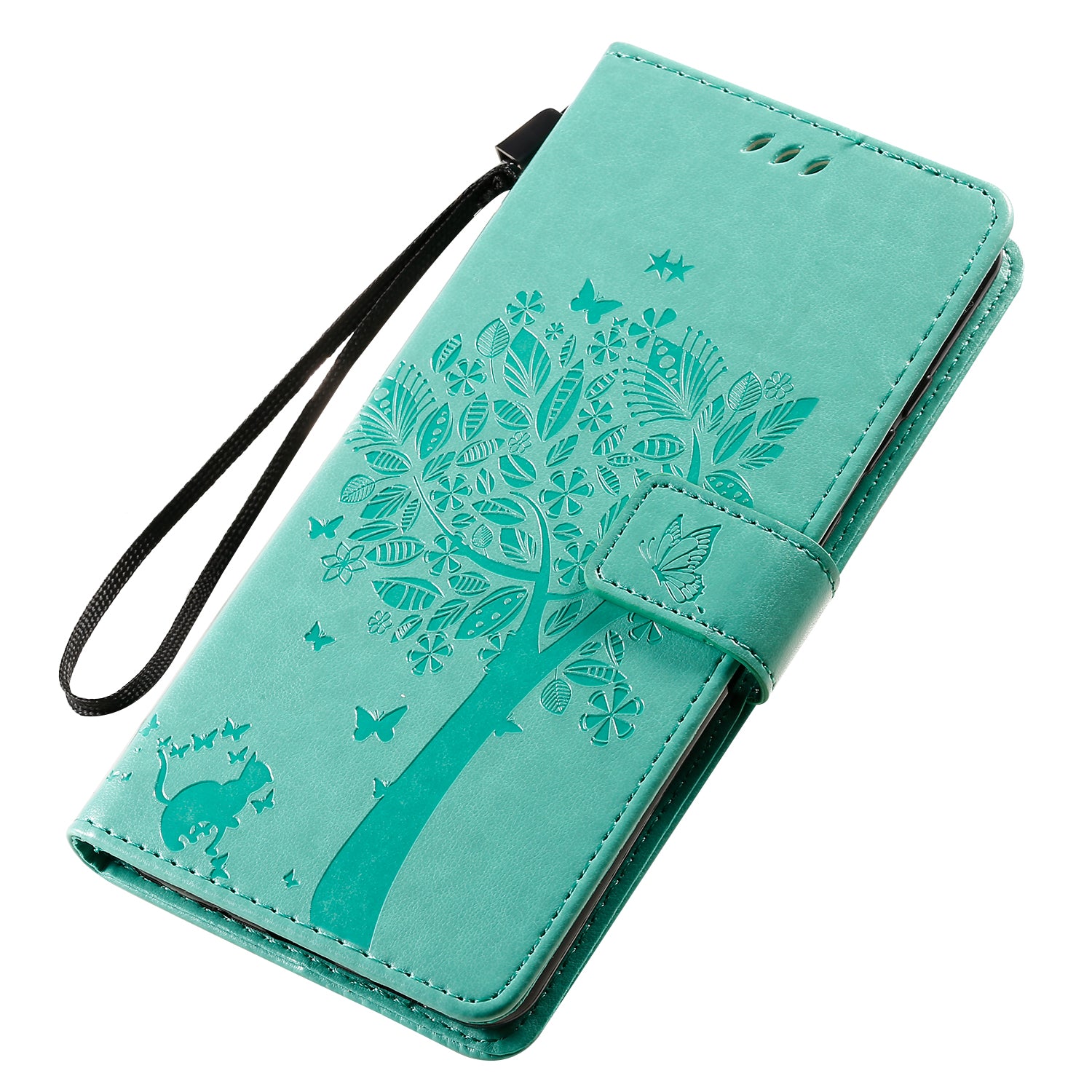 All-Inclusive KT Imprinting Flower Series-3 Cat and Tree Imprinting Wallet Stand Design Leather Cover + TPU Inner Phone Case for Samsung Galaxy S20 Ultra - Green