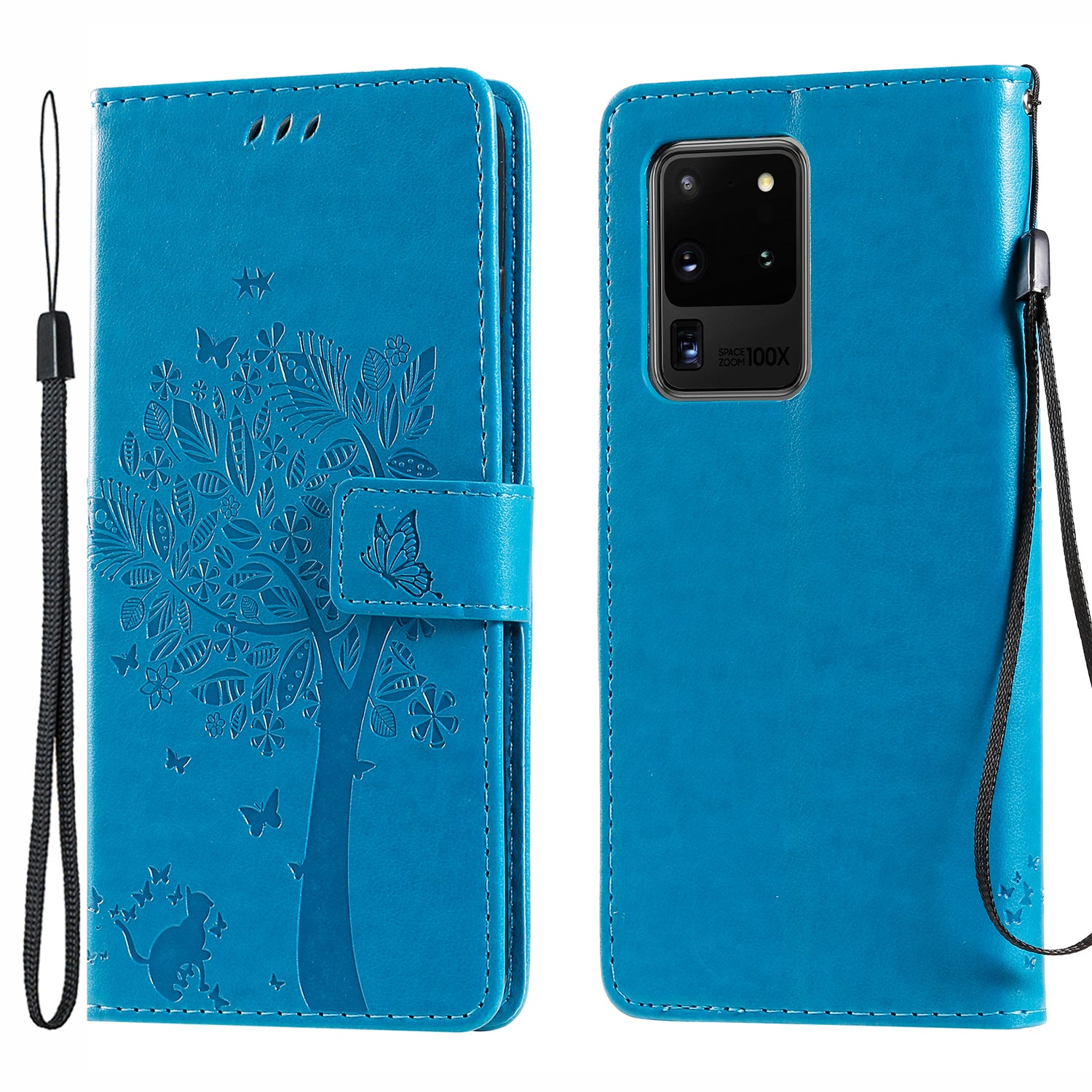 All-Inclusive KT Imprinting Flower Series-3 Cat and Tree Imprinting Wallet Stand Design Leather Cover + TPU Inner Phone Case for Samsung Galaxy S20 Ultra - Blue