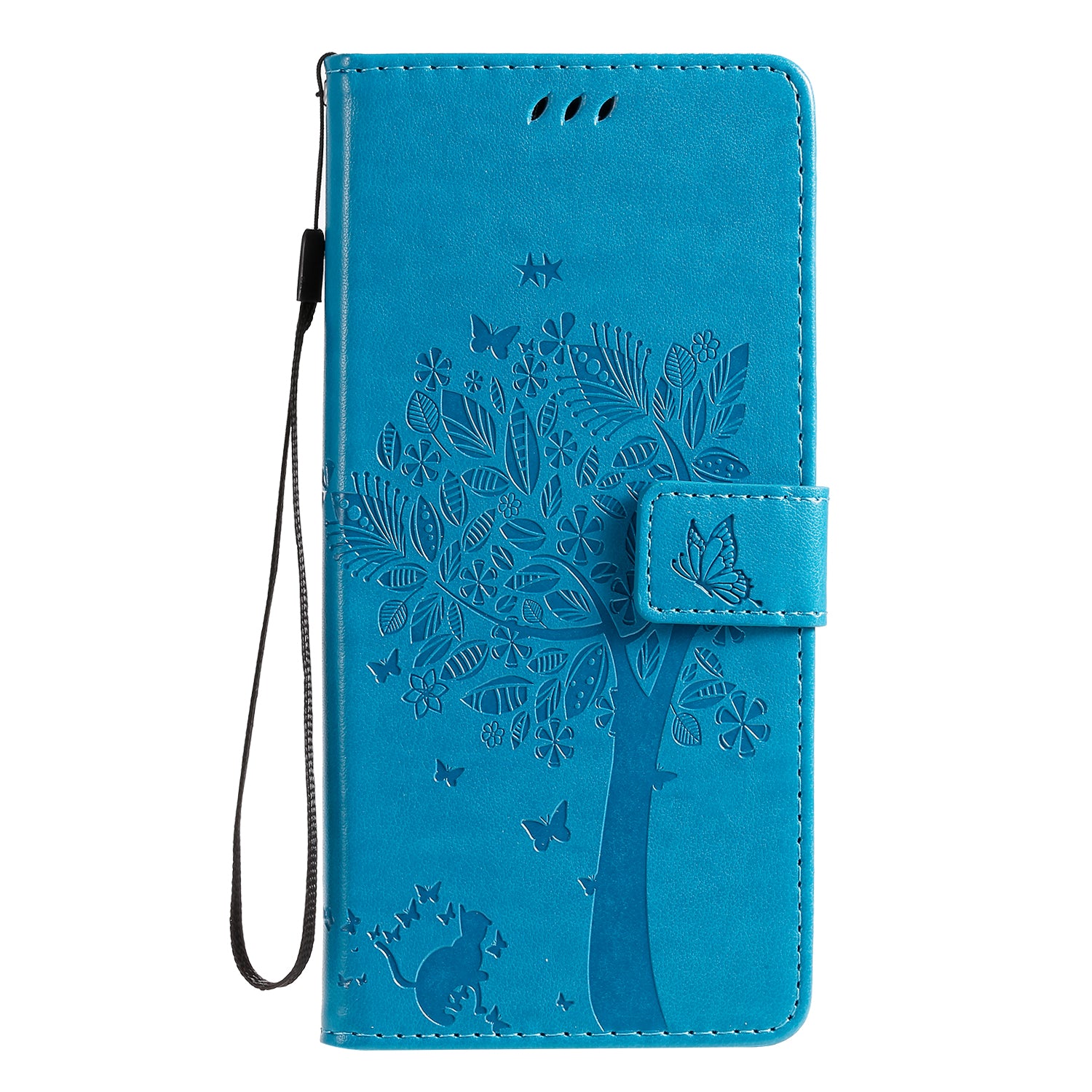 All-Inclusive KT Imprinting Flower Series-3 Cat and Tree Imprinting Wallet Stand Design Leather Cover + TPU Inner Phone Case for Samsung Galaxy S20 Ultra - Blue