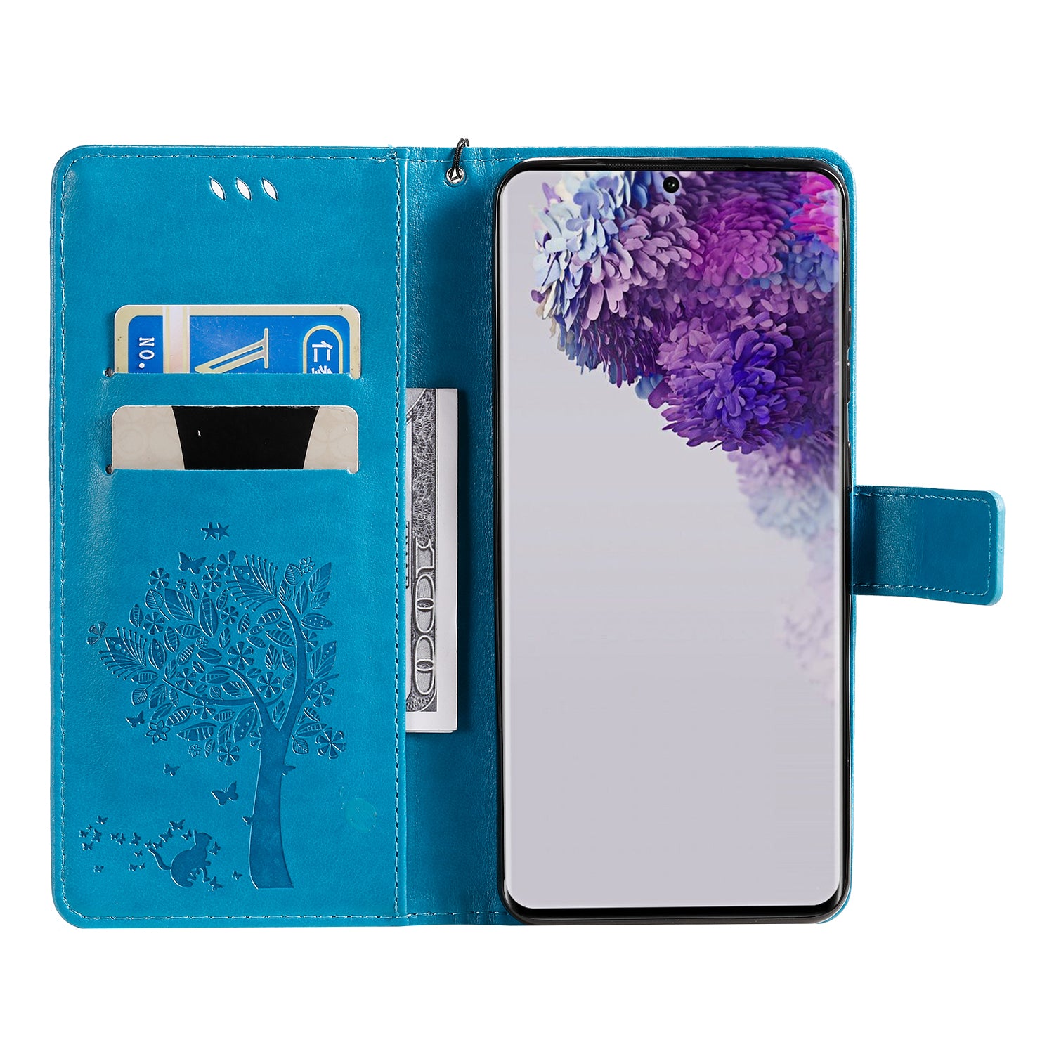 All-Inclusive KT Imprinting Flower Series-3 Cat and Tree Imprinting Wallet Stand Design Leather Cover + TPU Inner Phone Case for Samsung Galaxy S20 Ultra - Blue