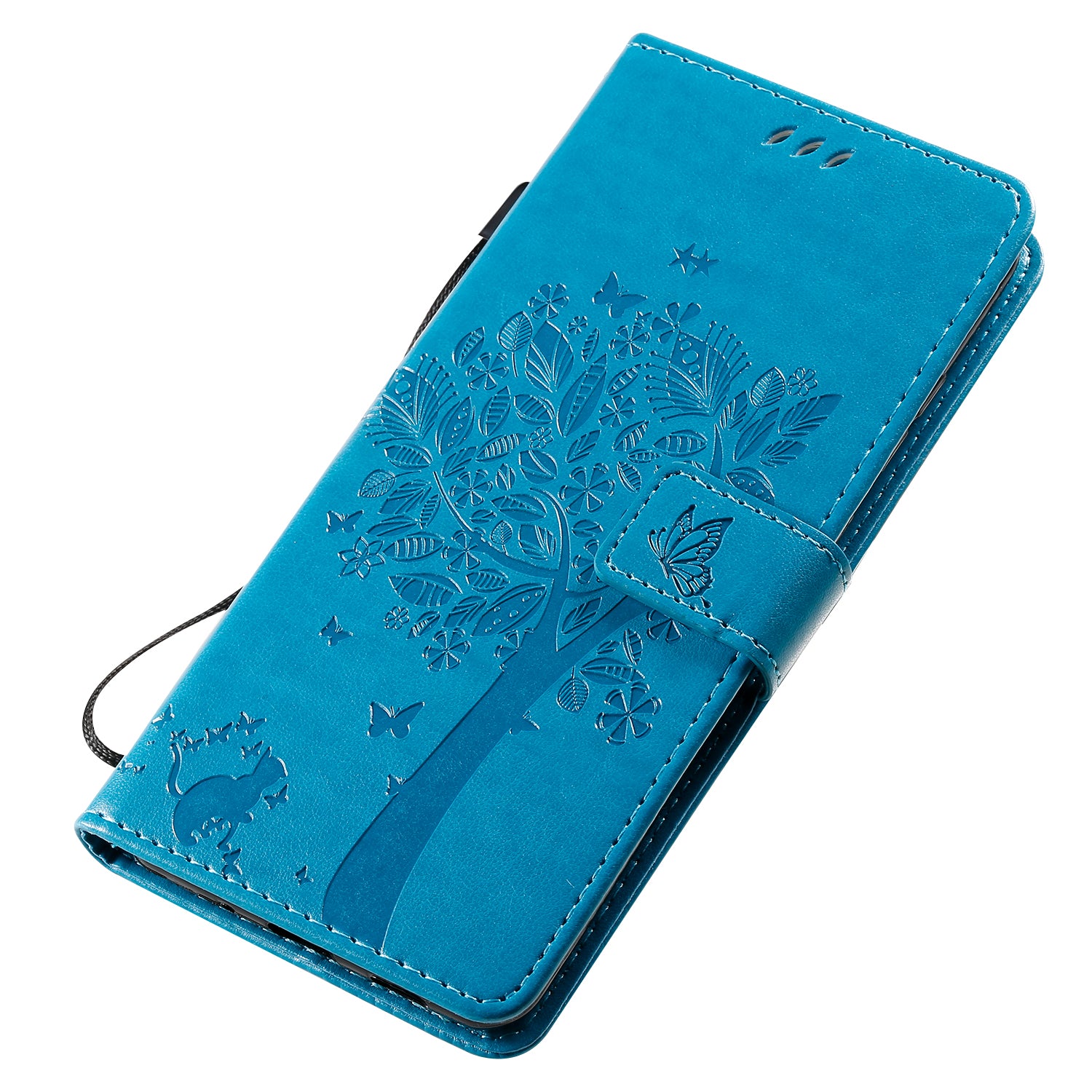 All-Inclusive KT Imprinting Flower Series-3 Cat and Tree Imprinting Wallet Stand Design Leather Cover + TPU Inner Phone Case for Samsung Galaxy S20 Ultra - Blue