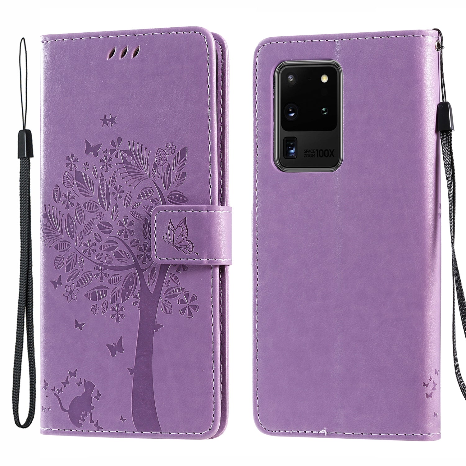 All-Inclusive KT Imprinting Flower Series-3 Cat and Tree Imprinting Wallet Stand Design Leather Cover + TPU Inner Phone Case for Samsung Galaxy S20 Ultra - Light Purple