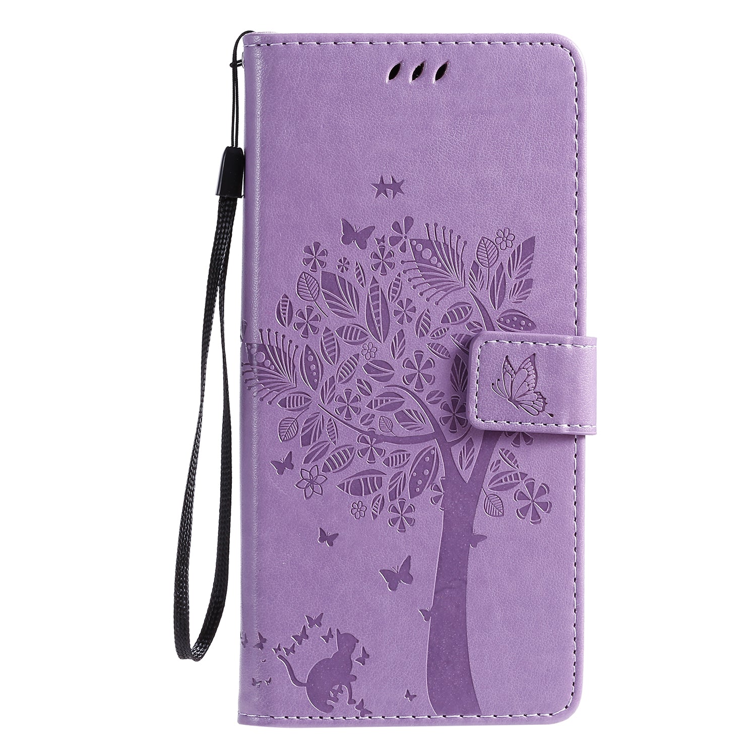 All-Inclusive KT Imprinting Flower Series-3 Cat and Tree Imprinting Wallet Stand Design Leather Cover + TPU Inner Phone Case for Samsung Galaxy S20 Ultra - Light Purple