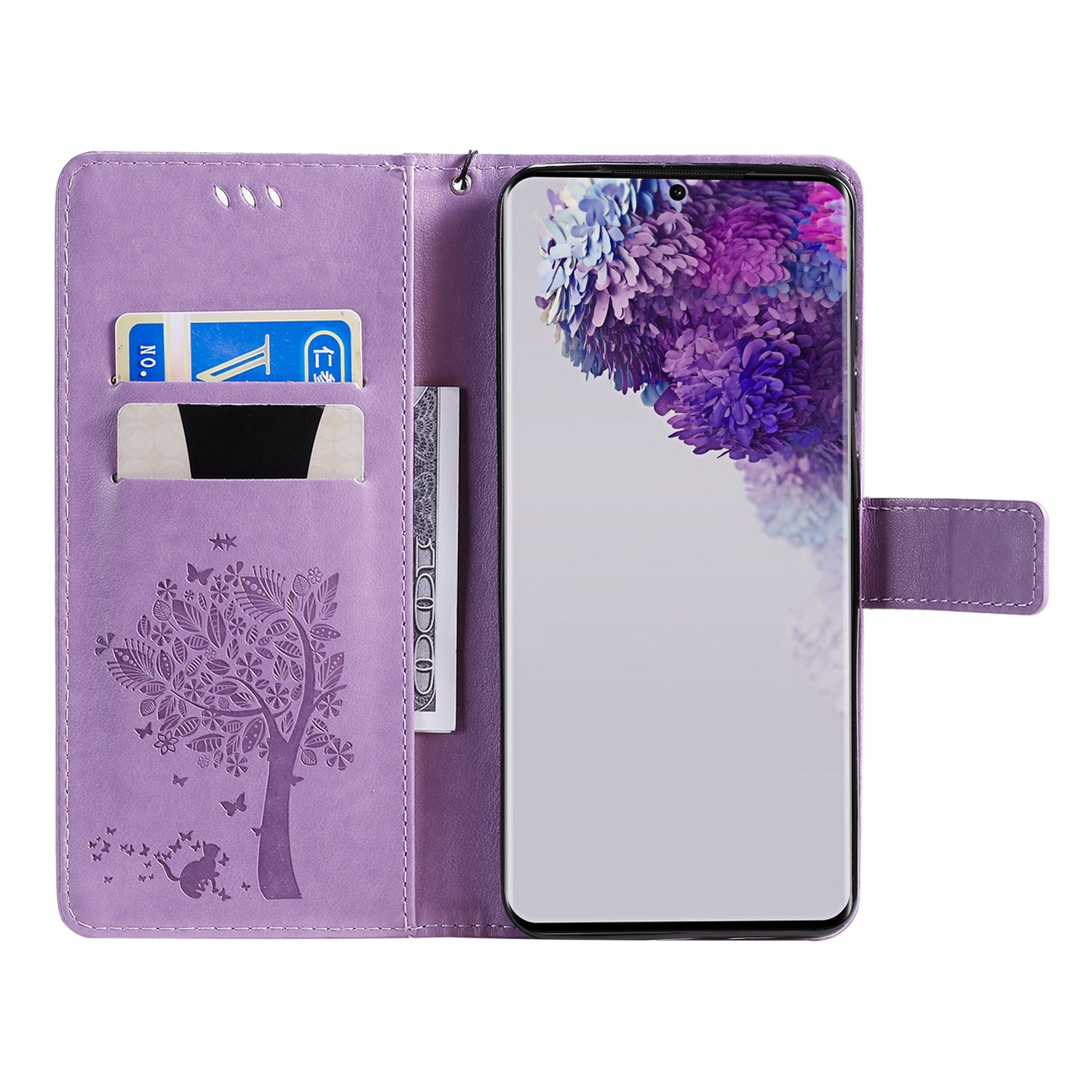 All-Inclusive KT Imprinting Flower Series-3 Cat and Tree Imprinting Wallet Stand Design Leather Cover + TPU Inner Phone Case for Samsung Galaxy S20 Ultra - Light Purple