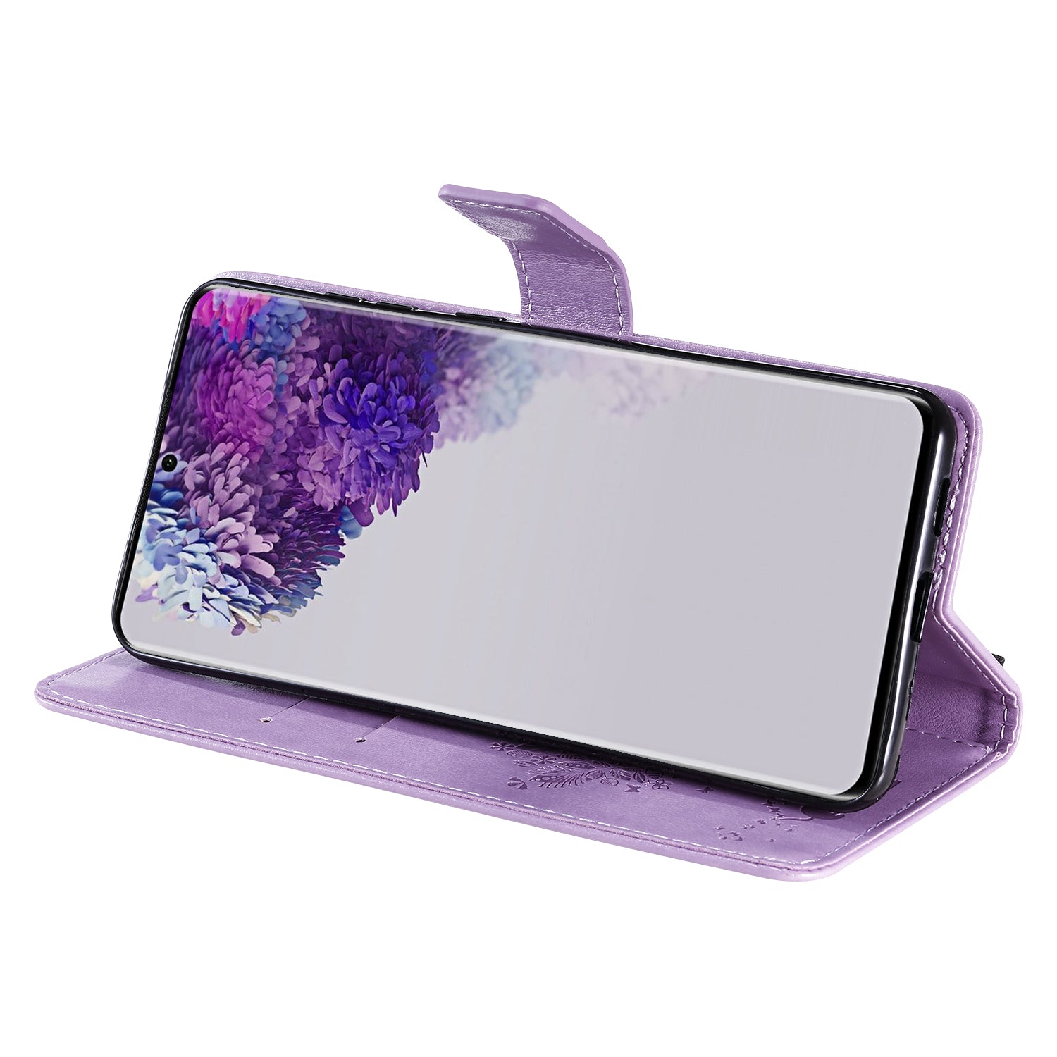 All-Inclusive KT Imprinting Flower Series-3 Cat and Tree Imprinting Wallet Stand Design Leather Cover + TPU Inner Phone Case for Samsung Galaxy S20 Ultra - Light Purple