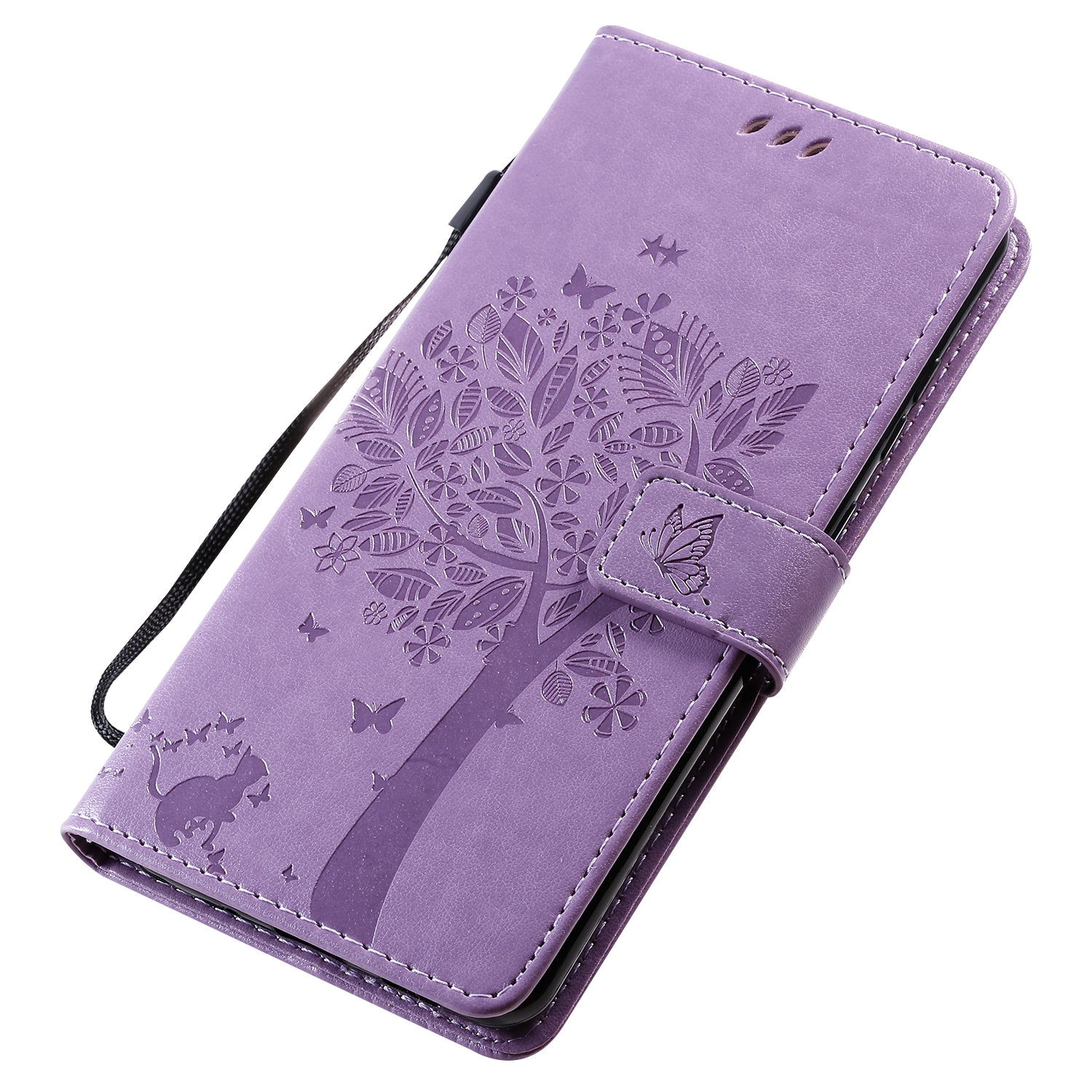 All-Inclusive KT Imprinting Flower Series-3 Cat and Tree Imprinting Wallet Stand Design Leather Cover + TPU Inner Phone Case for Samsung Galaxy S20 Ultra - Light Purple