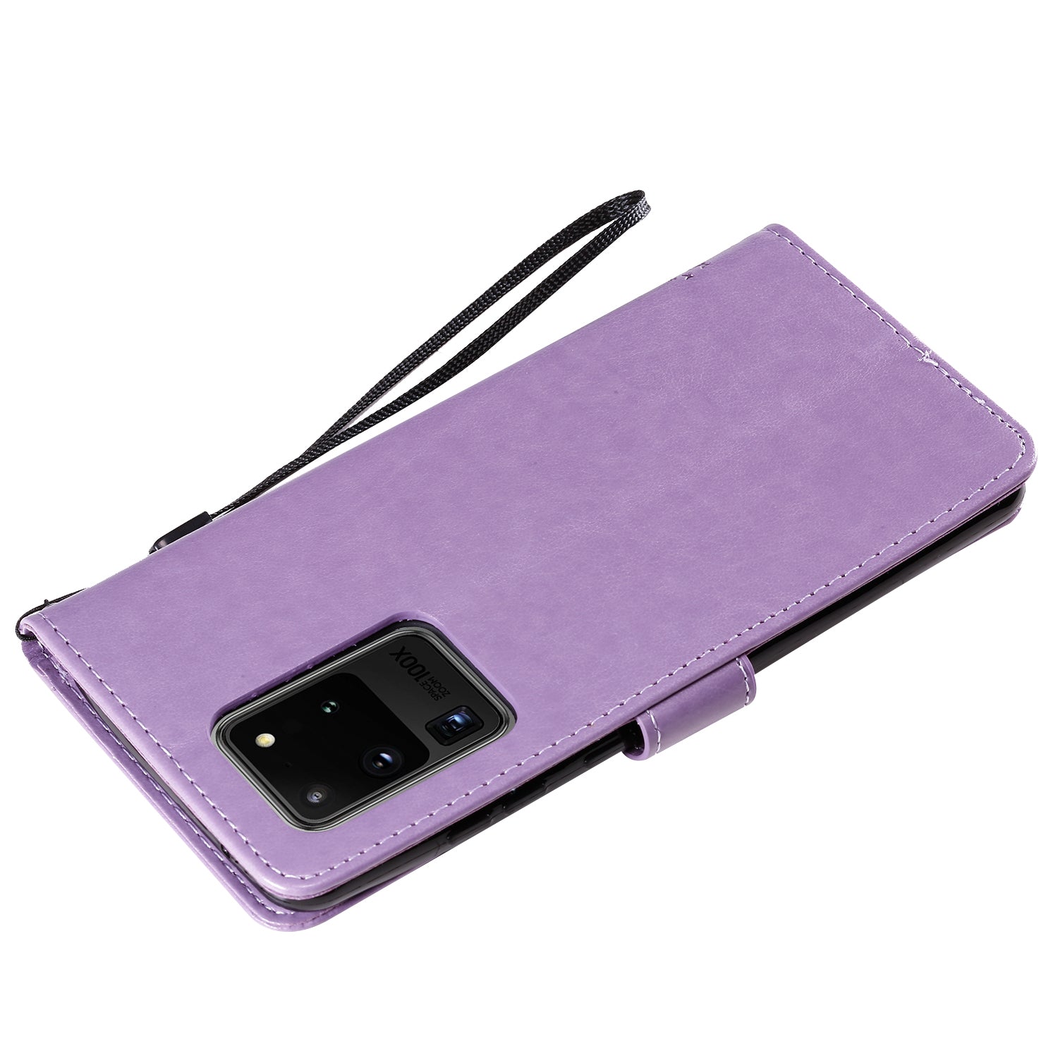 All-Inclusive KT Imprinting Flower Series-3 Cat and Tree Imprinting Wallet Stand Design Leather Cover + TPU Inner Phone Case for Samsung Galaxy S20 Ultra - Light Purple