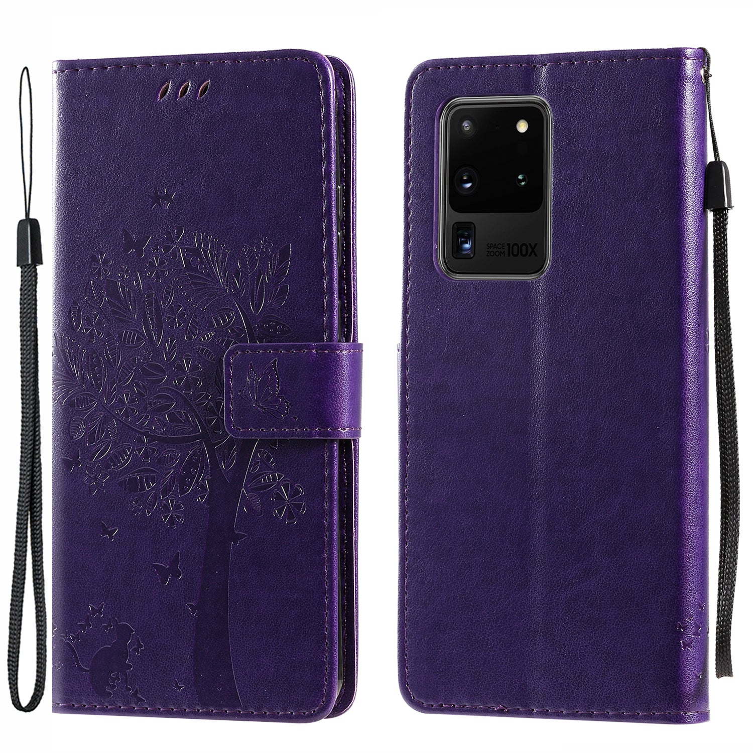 All-Inclusive KT Imprinting Flower Series-3 Cat and Tree Imprinting Wallet Stand Design Leather Cover + TPU Inner Phone Case for Samsung Galaxy S20 Ultra - Purple