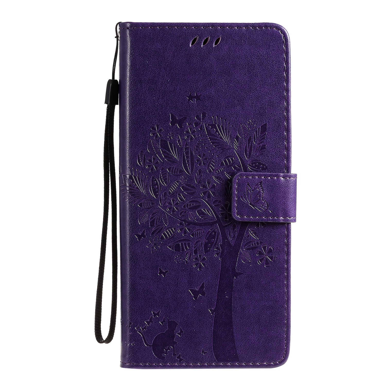 All-Inclusive KT Imprinting Flower Series-3 Cat and Tree Imprinting Wallet Stand Design Leather Cover + TPU Inner Phone Case for Samsung Galaxy S20 Ultra - Purple