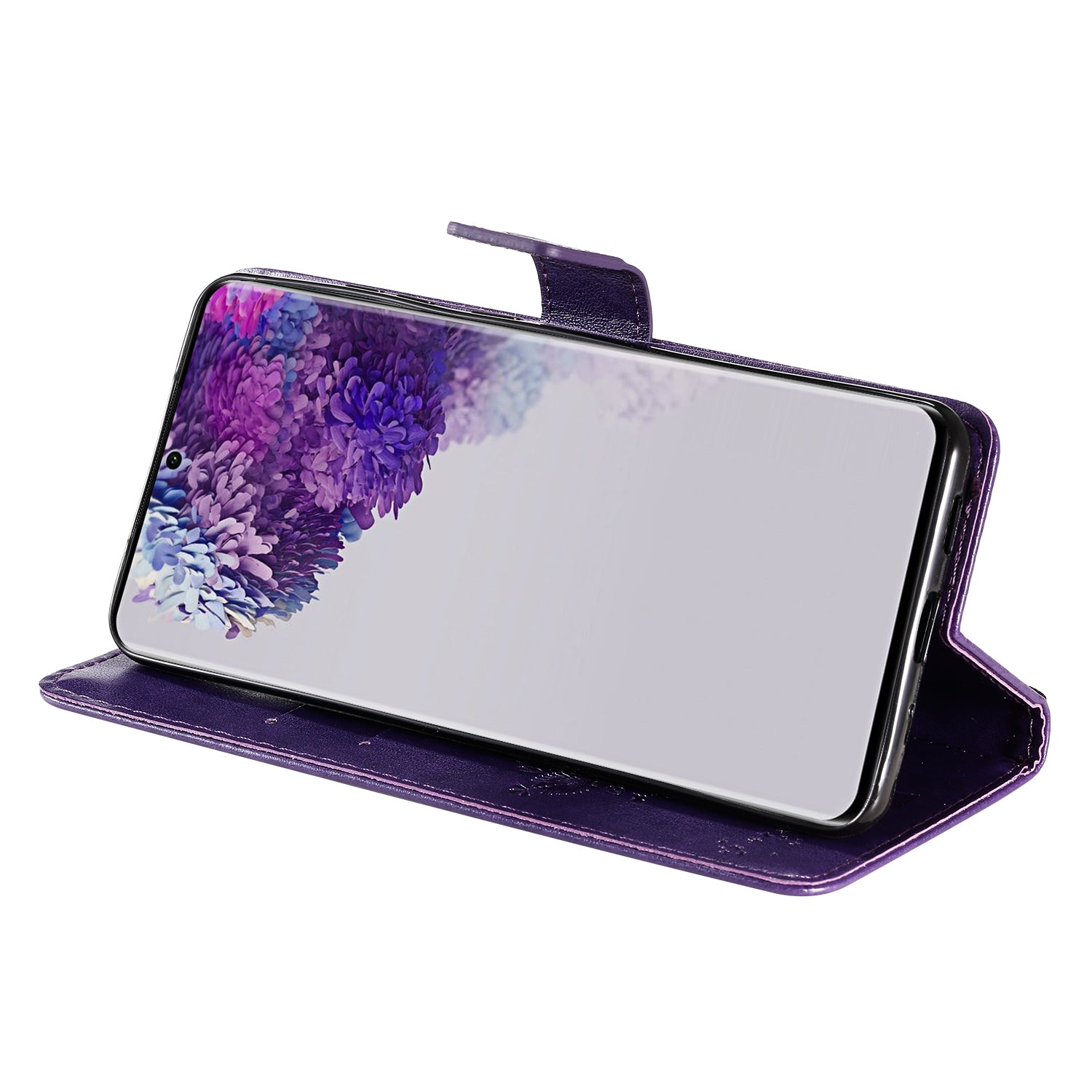 All-Inclusive KT Imprinting Flower Series-3 Cat and Tree Imprinting Wallet Stand Design Leather Cover + TPU Inner Phone Case for Samsung Galaxy S20 Ultra - Purple