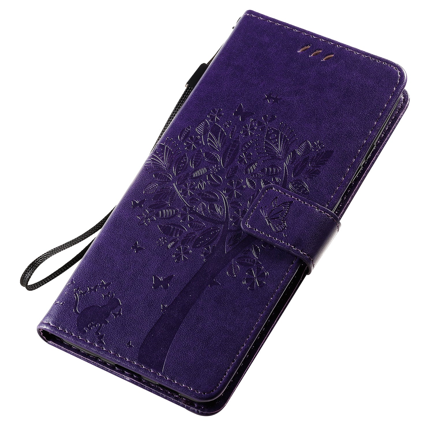 All-Inclusive KT Imprinting Flower Series-3 Cat and Tree Imprinting Wallet Stand Design Leather Cover + TPU Inner Phone Case for Samsung Galaxy S20 Ultra - Purple