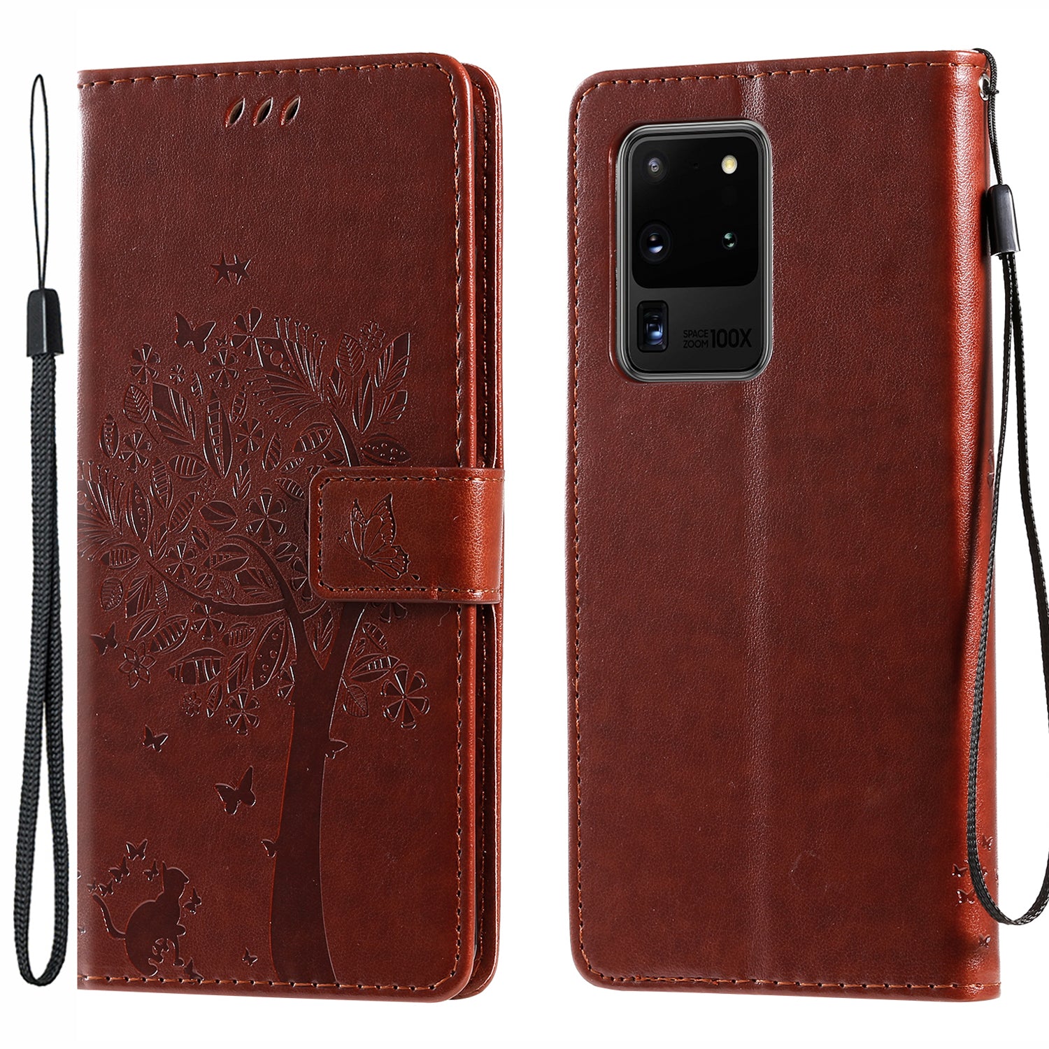 All-Inclusive KT Imprinting Flower Series-3 Cat and Tree Imprinting Wallet Stand Design Leather Cover + TPU Inner Phone Case for Samsung Galaxy S20 Ultra - Coffee