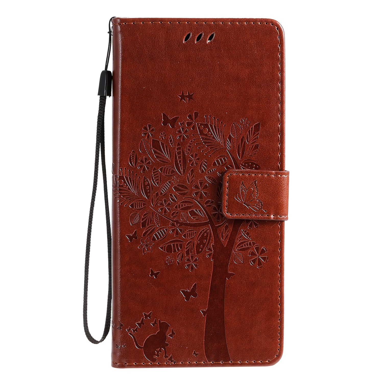 All-Inclusive KT Imprinting Flower Series-3 Cat and Tree Imprinting Wallet Stand Design Leather Cover + TPU Inner Phone Case for Samsung Galaxy S20 Ultra - Coffee