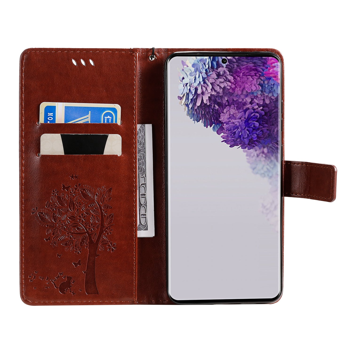 All-Inclusive KT Imprinting Flower Series-3 Cat and Tree Imprinting Wallet Stand Design Leather Cover + TPU Inner Phone Case for Samsung Galaxy S20 Ultra - Coffee