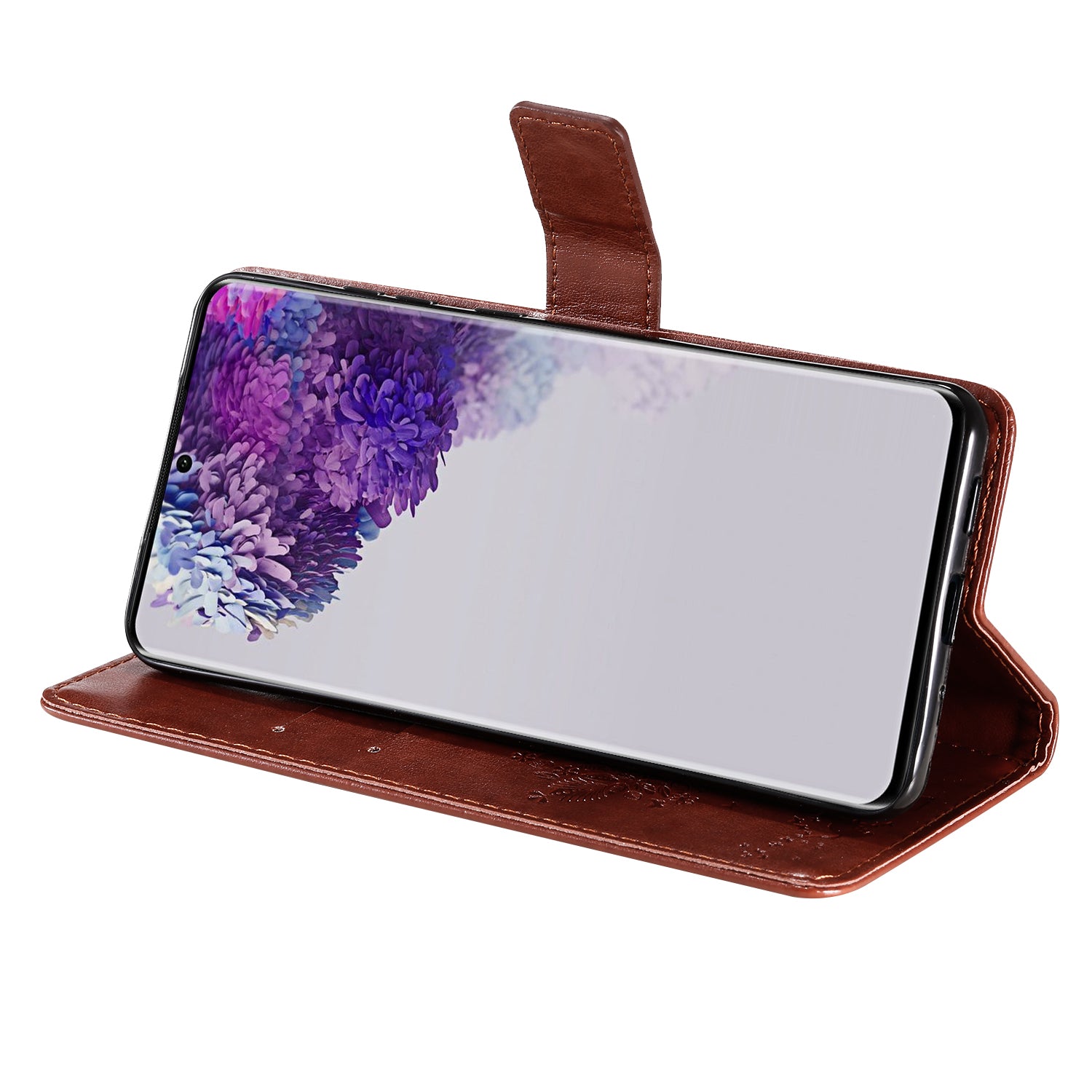 All-Inclusive KT Imprinting Flower Series-3 Cat and Tree Imprinting Wallet Stand Design Leather Cover + TPU Inner Phone Case for Samsung Galaxy S20 Ultra - Coffee