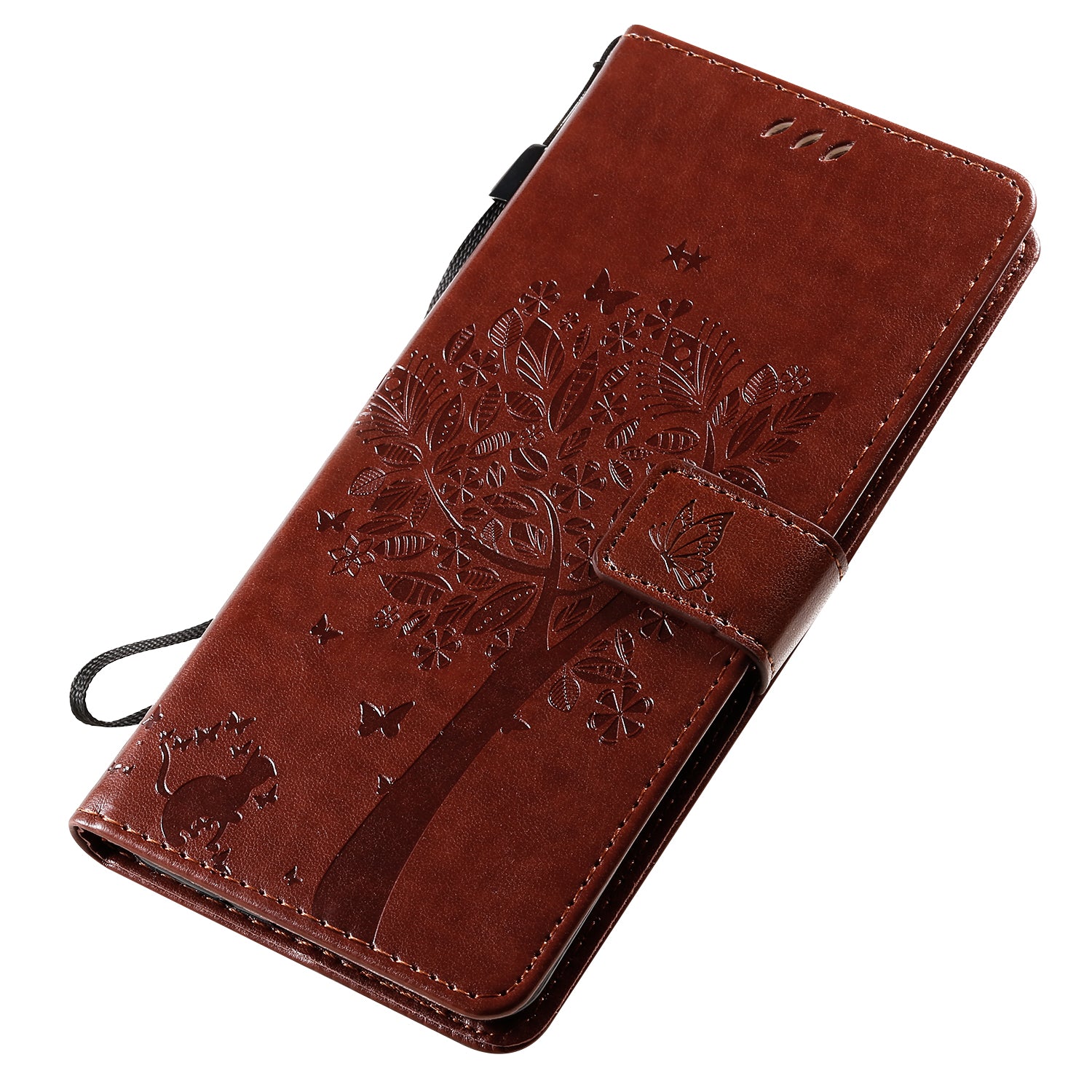 All-Inclusive KT Imprinting Flower Series-3 Cat and Tree Imprinting Wallet Stand Design Leather Cover + TPU Inner Phone Case for Samsung Galaxy S20 Ultra - Coffee