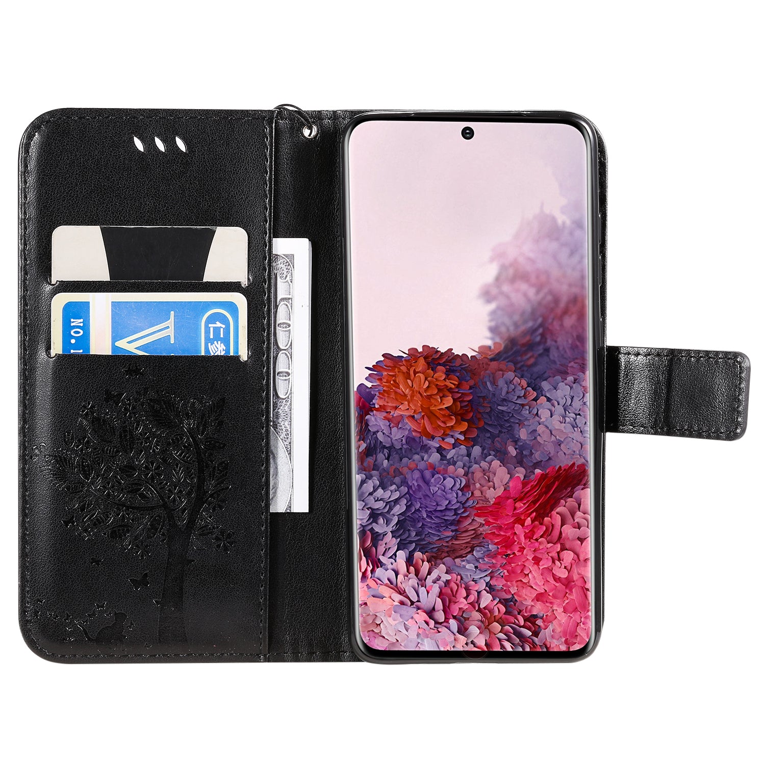 KT Imprinting Flower Series-3 Cat and Tree Imprinting Adjustable Stand Design Leather Cover + TPU Inner Phone Wallet Case for Samsung Galaxy S20 4G/S20 5G - Black