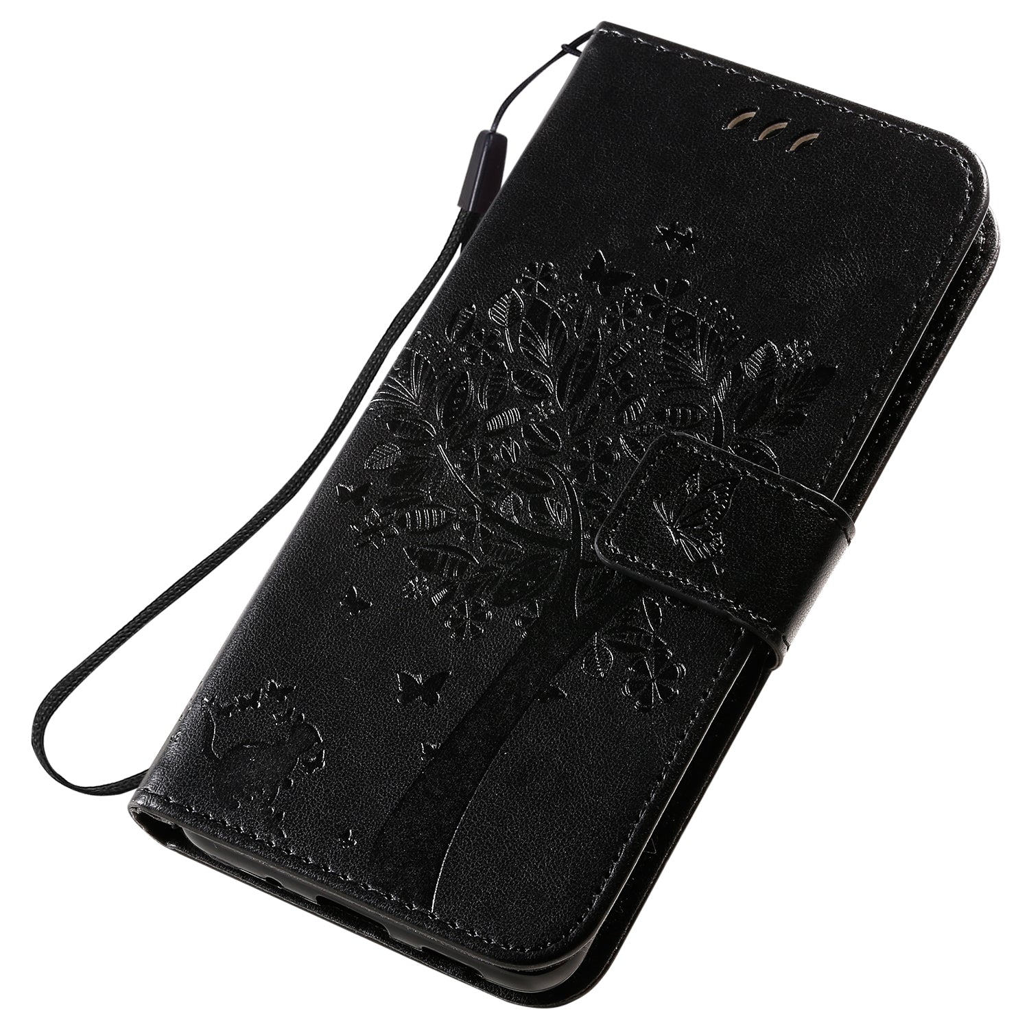 KT Imprinting Flower Series-3 Cat and Tree Imprinting Adjustable Stand Design Leather Cover + TPU Inner Phone Wallet Case for Samsung Galaxy S20 4G/S20 5G - Black