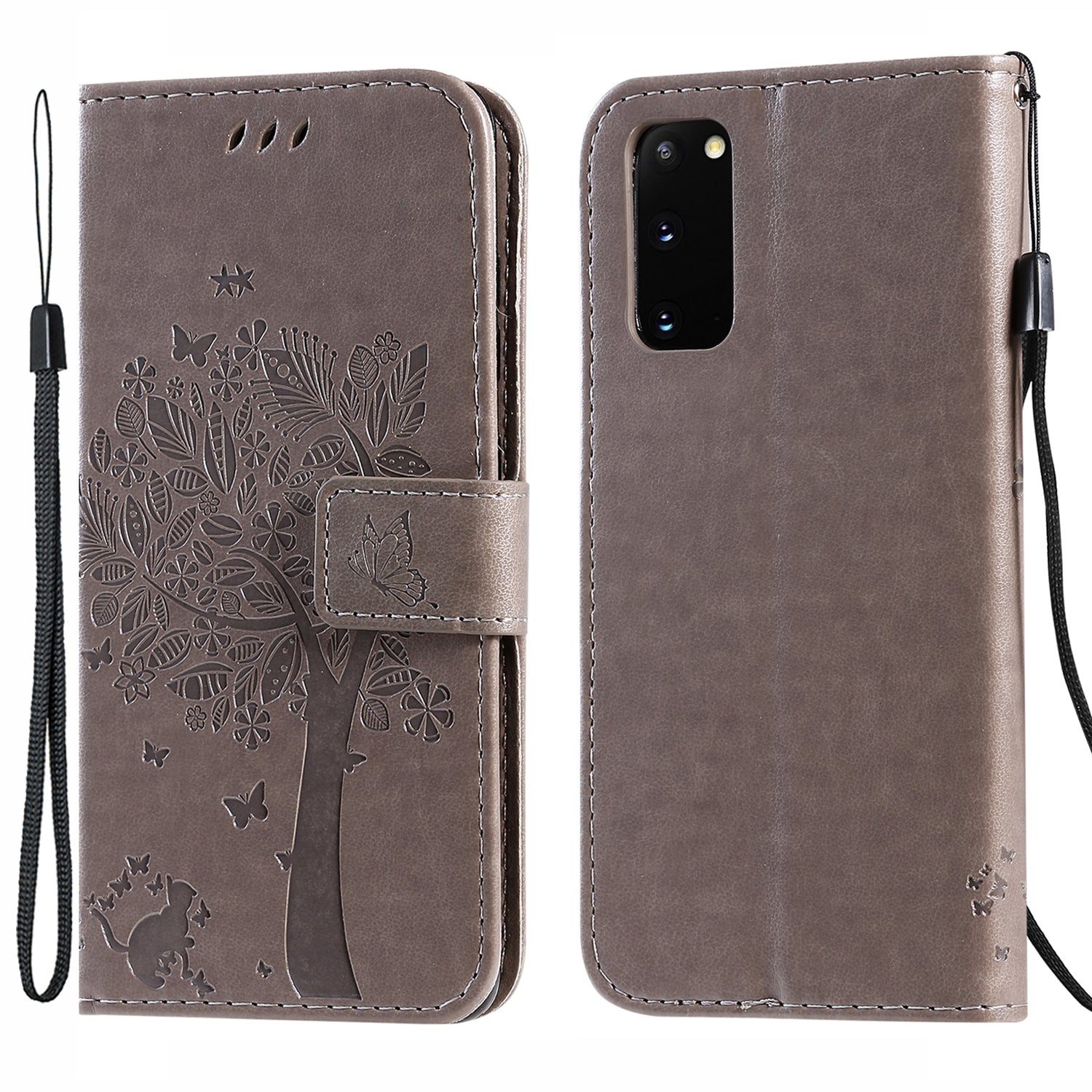 KT Imprinting Flower Series-3 Cat and Tree Imprinting Adjustable Stand Design Leather Cover + TPU Inner Phone Wallet Case for Samsung Galaxy S20 4G/S20 5G - Grey