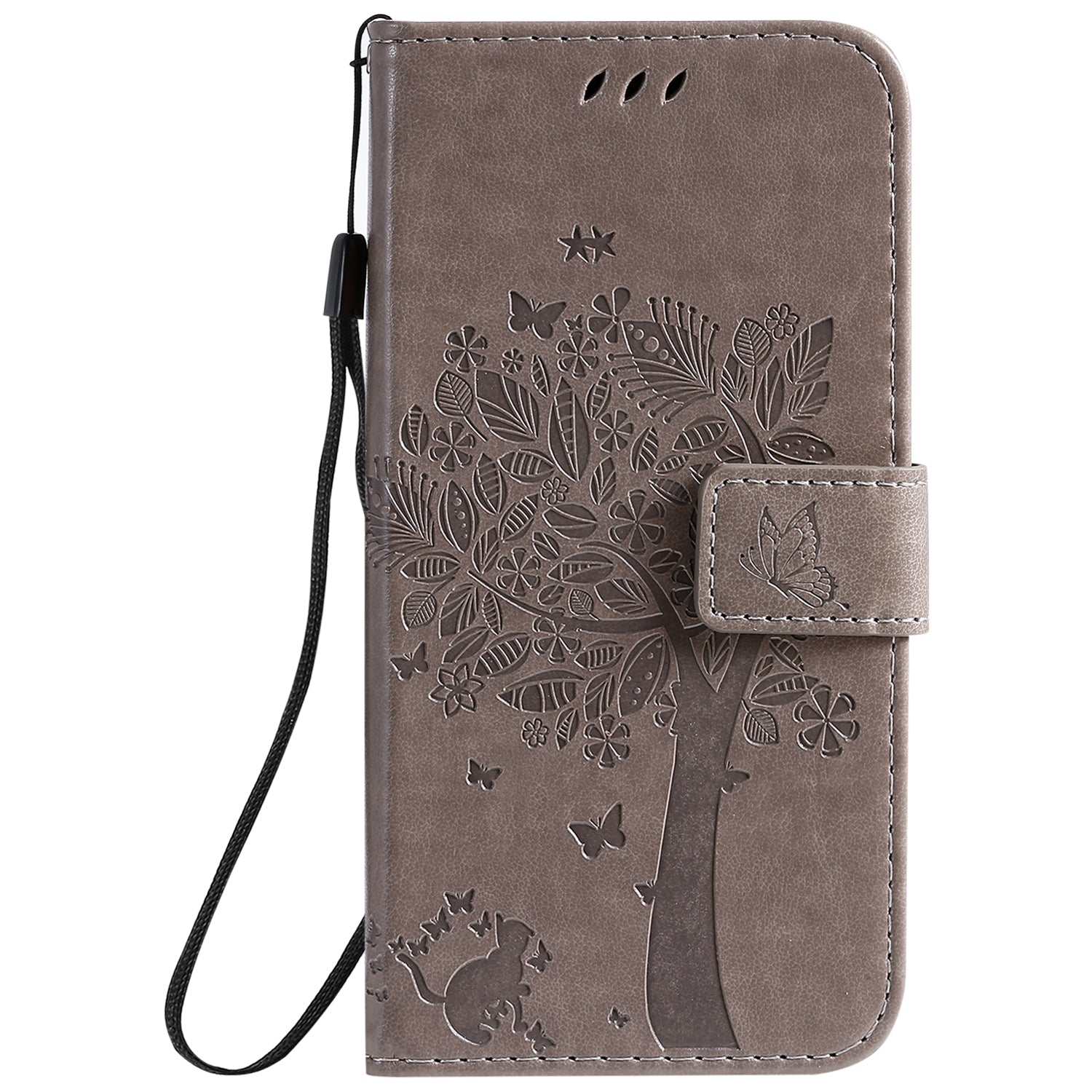 KT Imprinting Flower Series-3 Cat and Tree Imprinting Adjustable Stand Design Leather Cover + TPU Inner Phone Wallet Case for Samsung Galaxy S20 4G/S20 5G - Grey