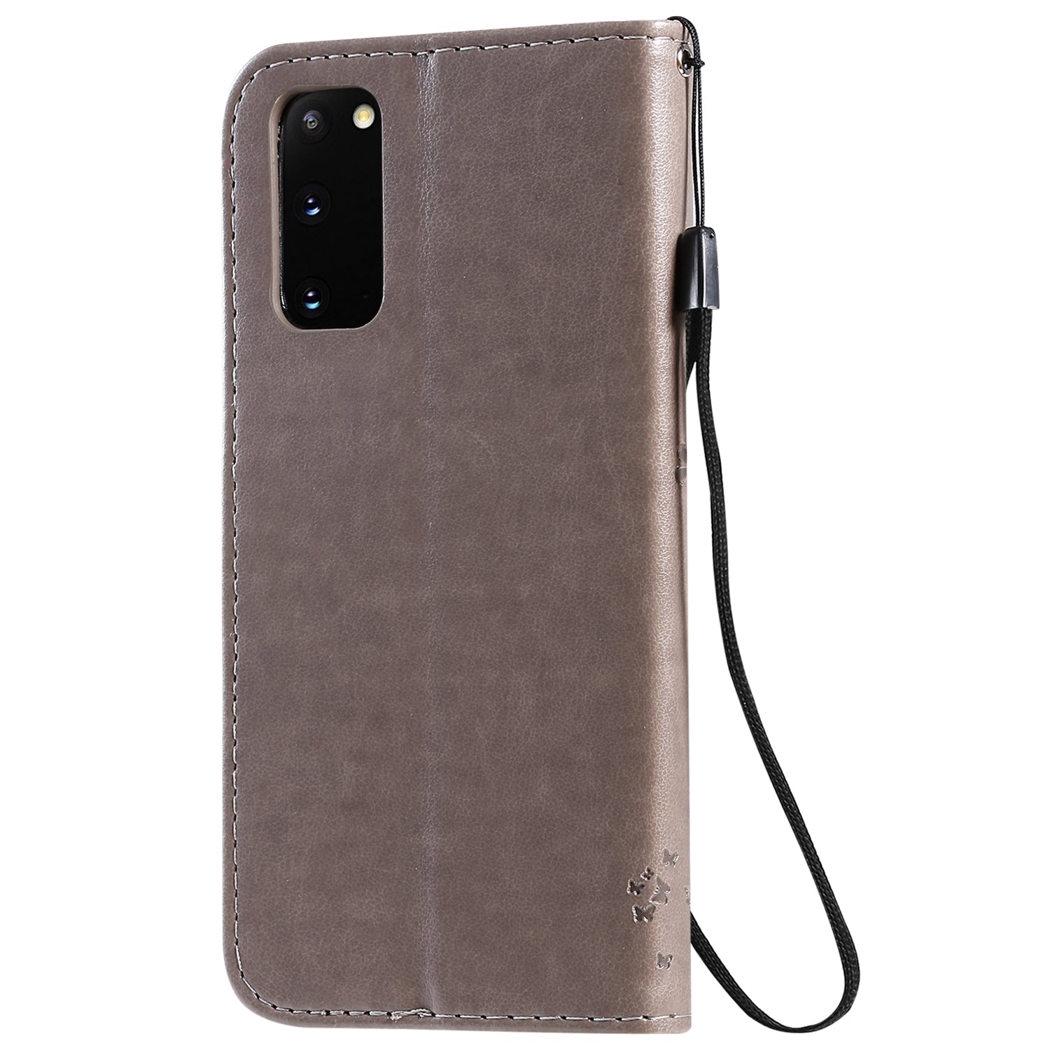 KT Imprinting Flower Series-3 Cat and Tree Imprinting Adjustable Stand Design Leather Cover + TPU Inner Phone Wallet Case for Samsung Galaxy S20 4G/S20 5G - Grey