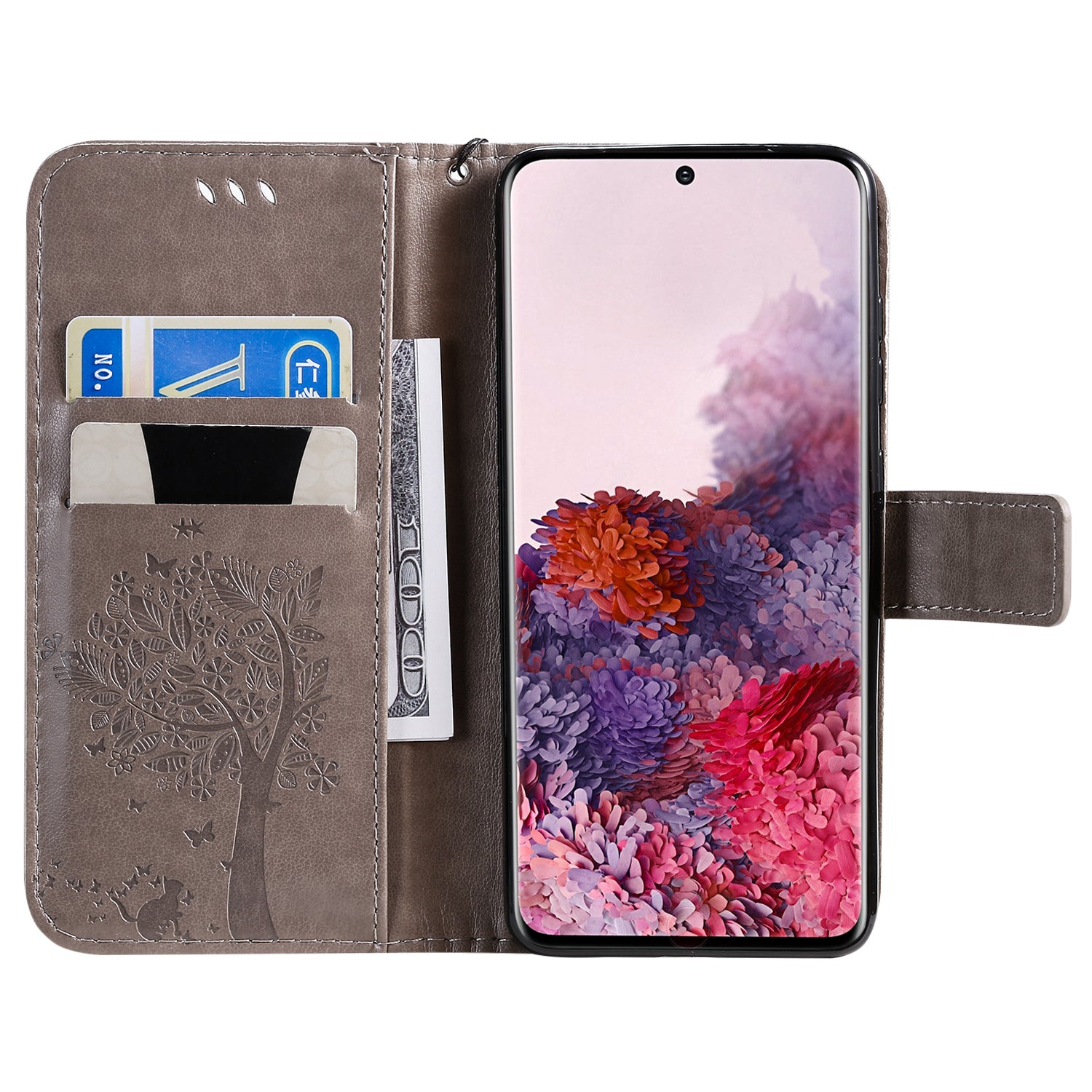 KT Imprinting Flower Series-3 Cat and Tree Imprinting Adjustable Stand Design Leather Cover + TPU Inner Phone Wallet Case for Samsung Galaxy S20 4G/S20 5G - Grey