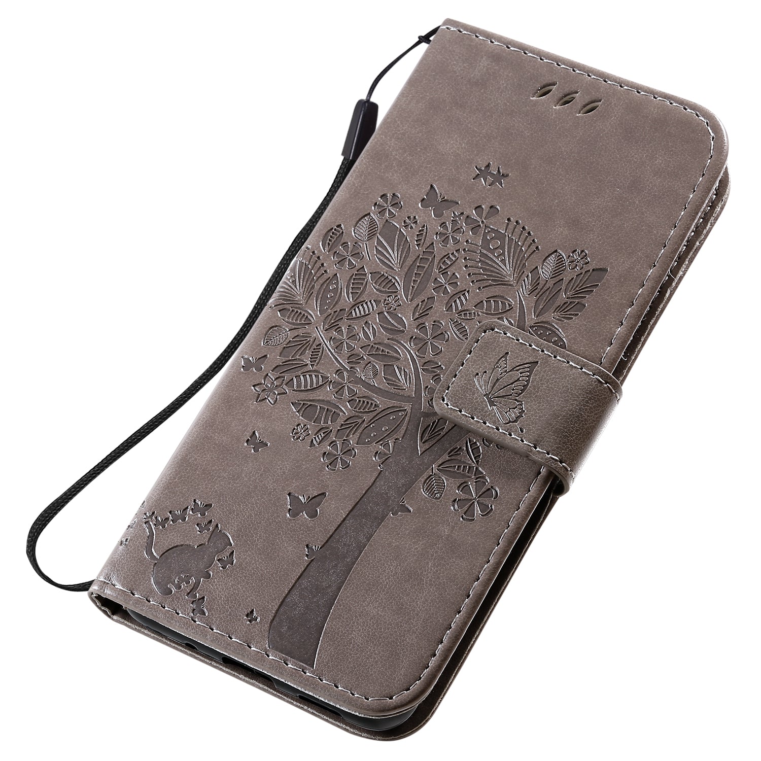 KT Imprinting Flower Series-3 Cat and Tree Imprinting Adjustable Stand Design Leather Cover + TPU Inner Phone Wallet Case for Samsung Galaxy S20 4G/S20 5G - Grey