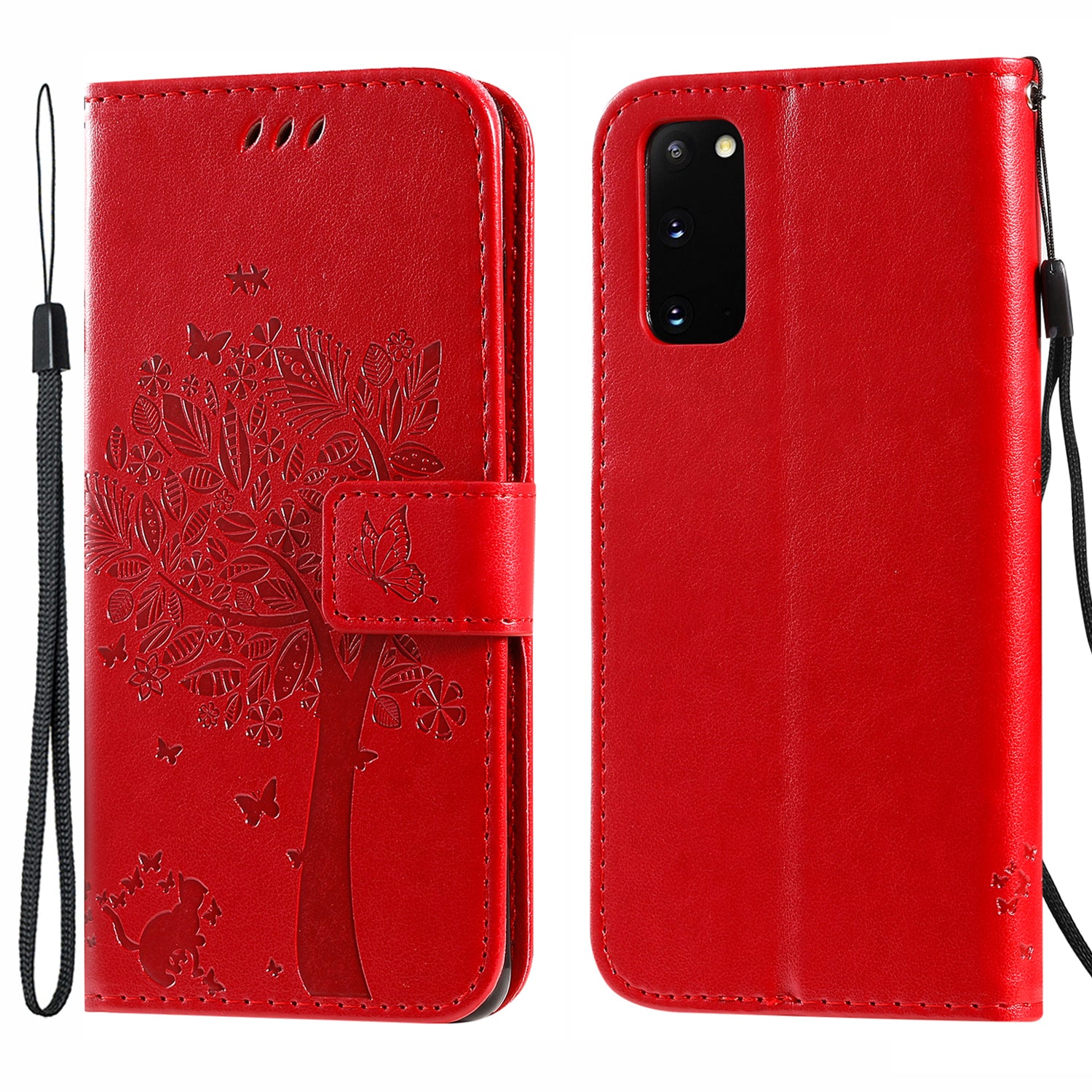 KT Imprinting Flower Series-3 Cat and Tree Imprinting Adjustable Stand Design Leather Cover + TPU Inner Phone Wallet Case for Samsung Galaxy S20 4G/S20 5G - Red