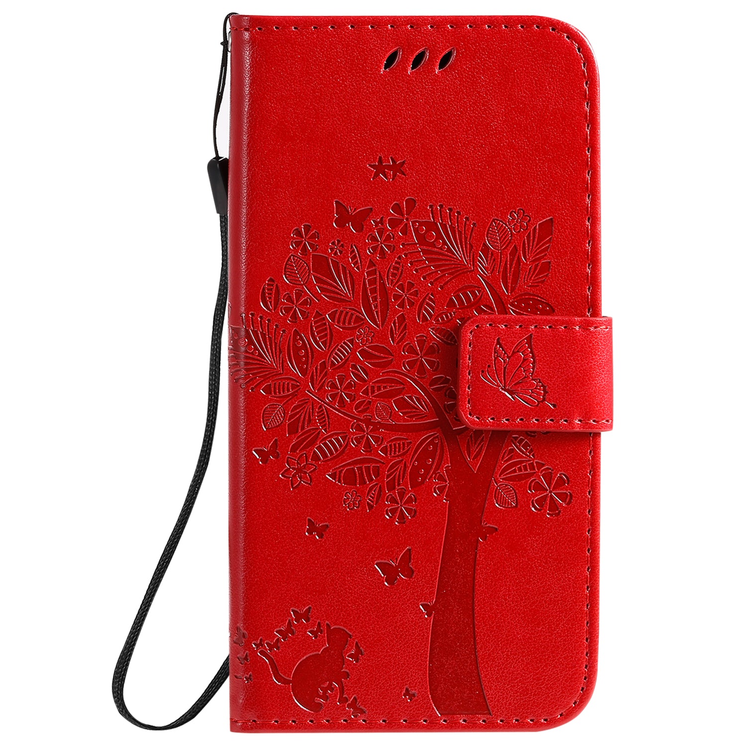 KT Imprinting Flower Series-3 Cat and Tree Imprinting Adjustable Stand Design Leather Cover + TPU Inner Phone Wallet Case for Samsung Galaxy S20 4G/S20 5G - Red