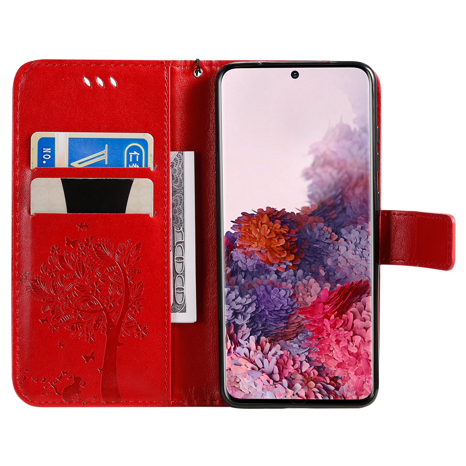 KT Imprinting Flower Series-3 Cat and Tree Imprinting Adjustable Stand Design Leather Cover + TPU Inner Phone Wallet Case for Samsung Galaxy S20 4G/S20 5G - Red