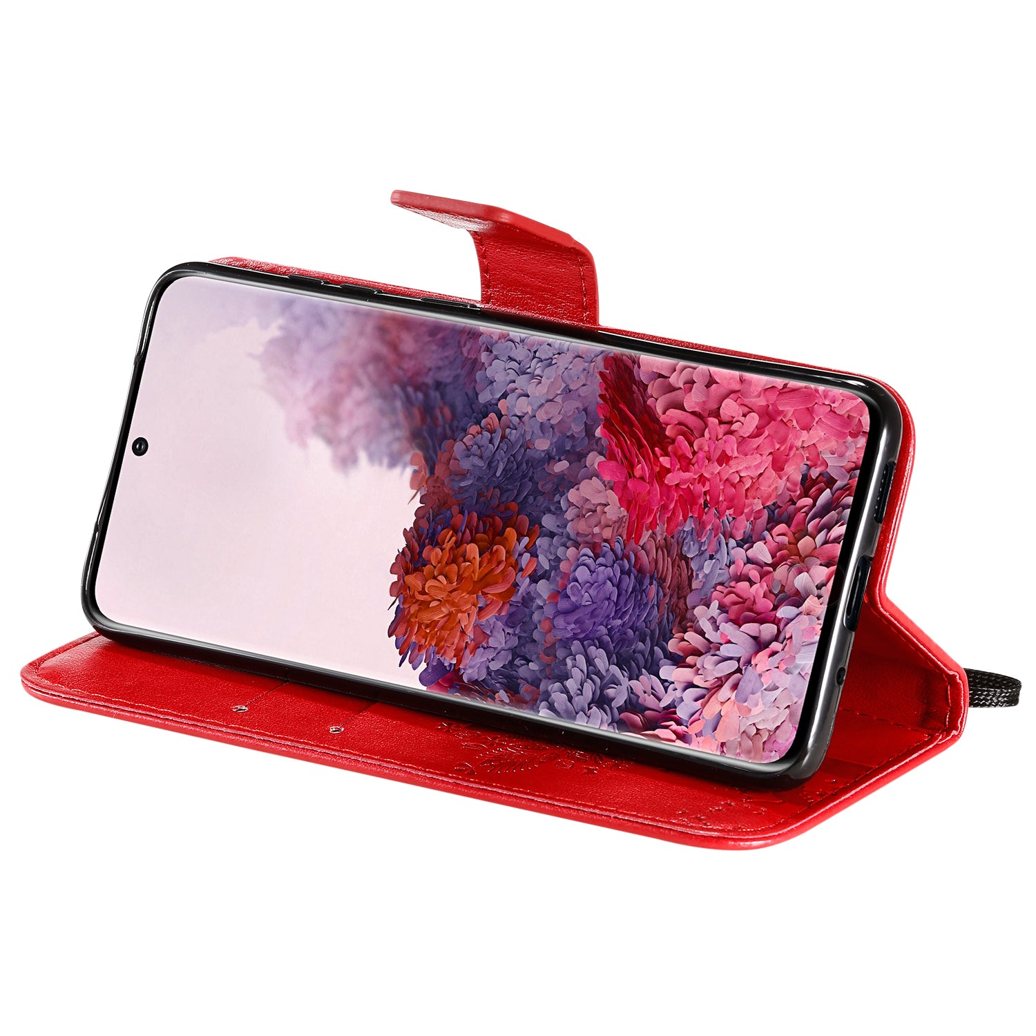 KT Imprinting Flower Series-3 Cat and Tree Imprinting Adjustable Stand Design Leather Cover + TPU Inner Phone Wallet Case for Samsung Galaxy S20 4G/S20 5G - Red