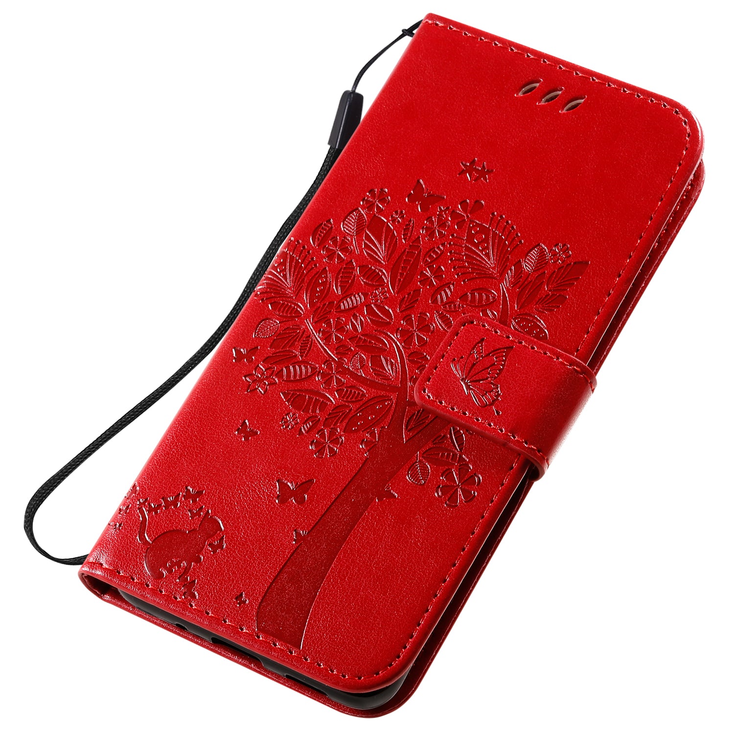 KT Imprinting Flower Series-3 Cat and Tree Imprinting Adjustable Stand Design Leather Cover + TPU Inner Phone Wallet Case for Samsung Galaxy S20 4G/S20 5G - Red