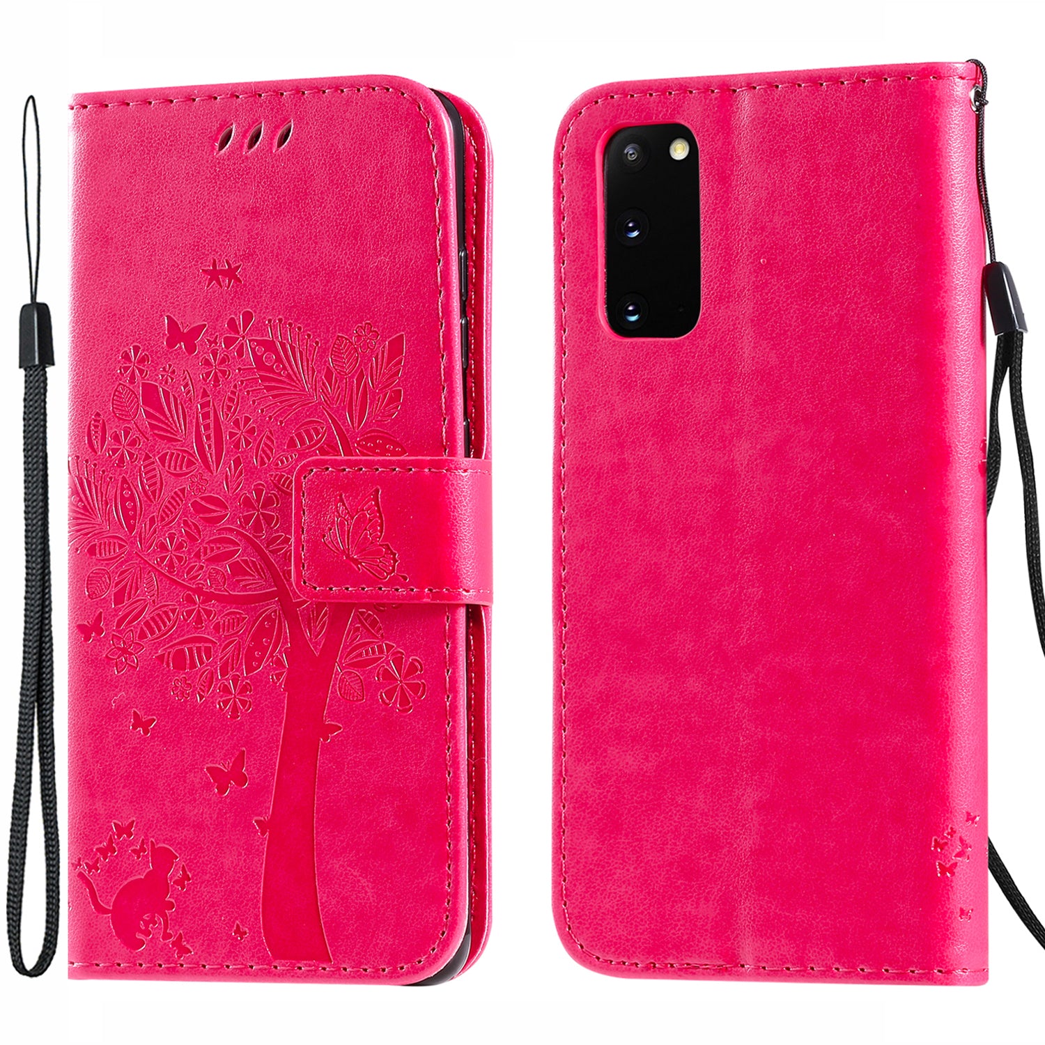 KT Imprinting Flower Series-3 Cat and Tree Imprinting Adjustable Stand Design Leather Cover + TPU Inner Phone Wallet Case for Samsung Galaxy S20 4G/S20 5G - Rose