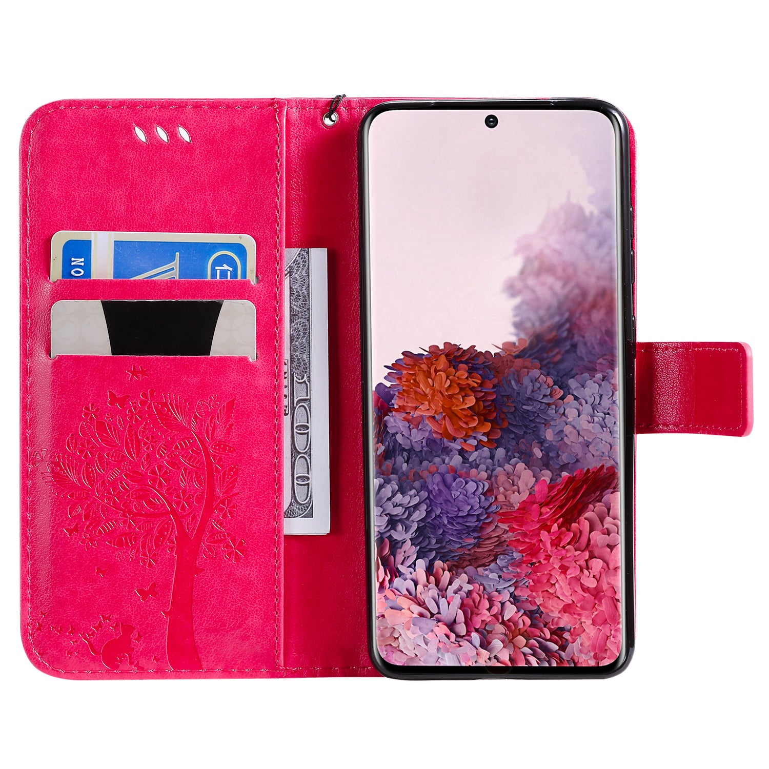 KT Imprinting Flower Series-3 Cat and Tree Imprinting Adjustable Stand Design Leather Cover + TPU Inner Phone Wallet Case for Samsung Galaxy S20 4G/S20 5G - Rose