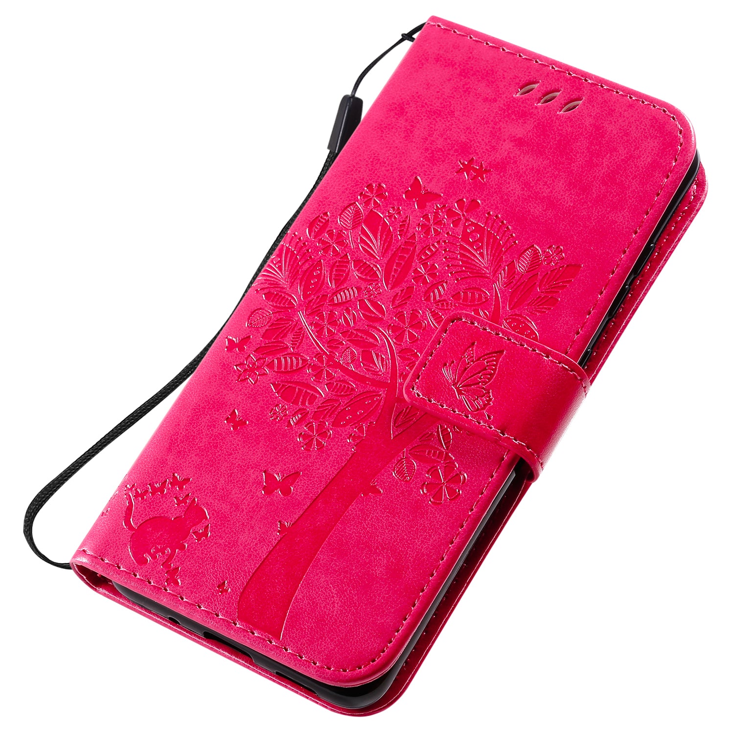 KT Imprinting Flower Series-3 Cat and Tree Imprinting Adjustable Stand Design Leather Cover + TPU Inner Phone Wallet Case for Samsung Galaxy S20 4G/S20 5G - Rose