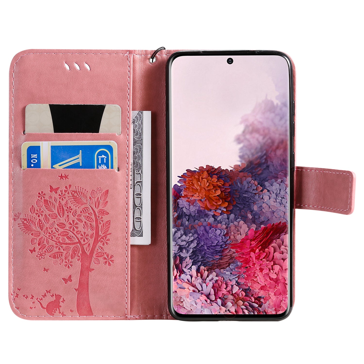 KT Imprinting Flower Series-3 Cat and Tree Imprinting Adjustable Stand Design Leather Cover + TPU Inner Phone Wallet Case for Samsung Galaxy S20 4G/S20 5G - Pink