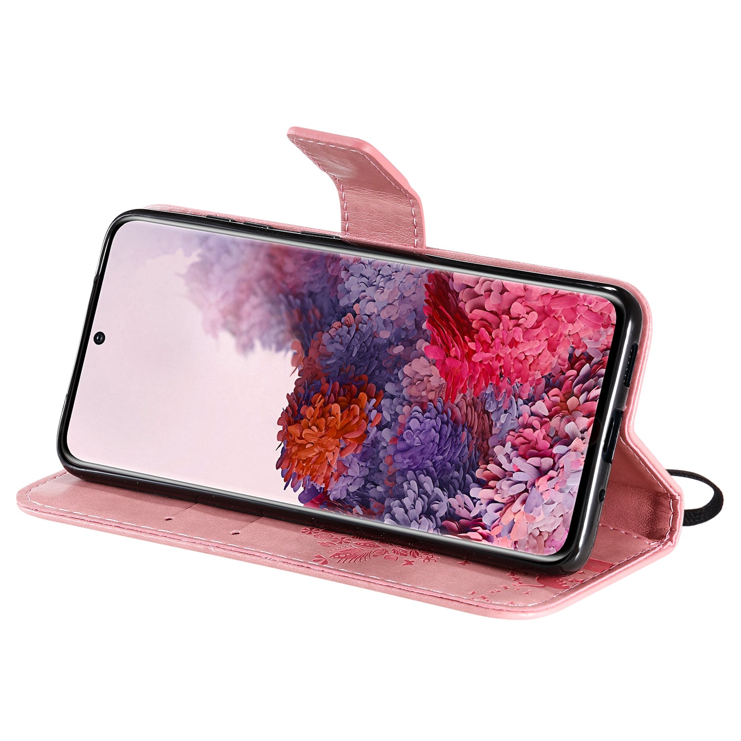 KT Imprinting Flower Series-3 Cat and Tree Imprinting Adjustable Stand Design Leather Cover + TPU Inner Phone Wallet Case for Samsung Galaxy S20 4G/S20 5G - Pink