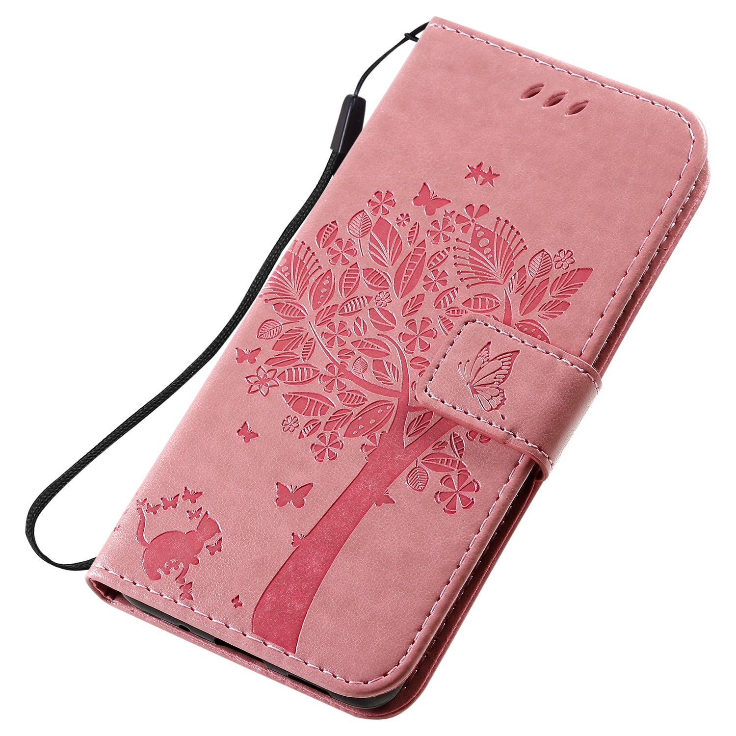 KT Imprinting Flower Series-3 Cat and Tree Imprinting Adjustable Stand Design Leather Cover + TPU Inner Phone Wallet Case for Samsung Galaxy S20 4G/S20 5G - Pink