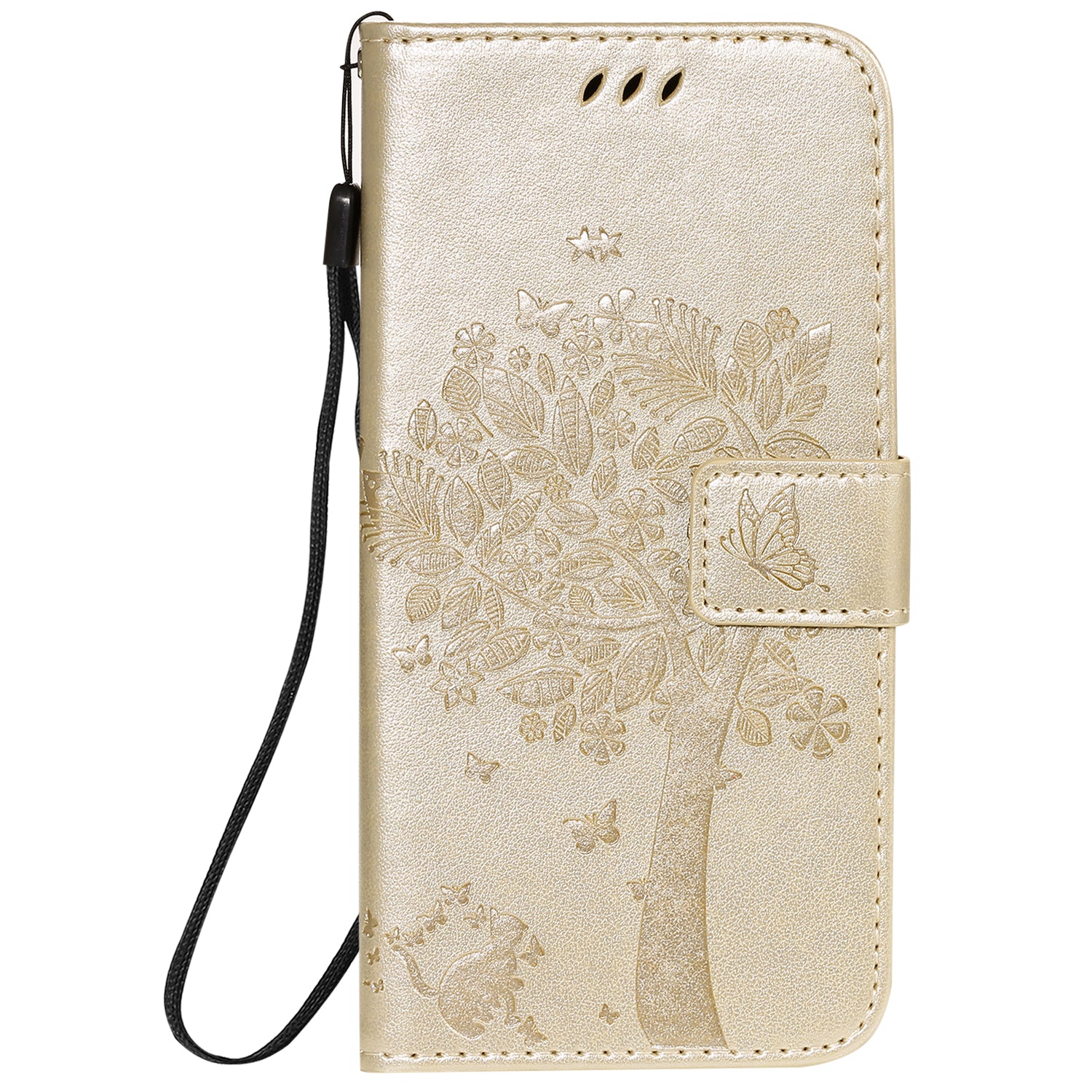 KT Imprinting Flower Series-3 Cat and Tree Imprinting Adjustable Stand Design Leather Cover + TPU Inner Phone Wallet Case for Samsung Galaxy S20 4G/S20 5G - Gold