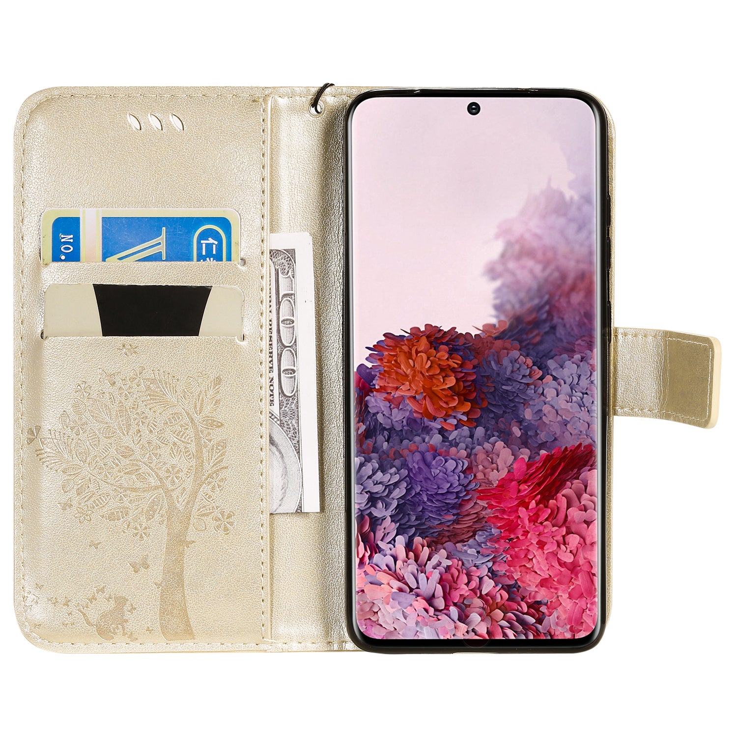 KT Imprinting Flower Series-3 Cat and Tree Imprinting Adjustable Stand Design Leather Cover + TPU Inner Phone Wallet Case for Samsung Galaxy S20 4G/S20 5G - Gold